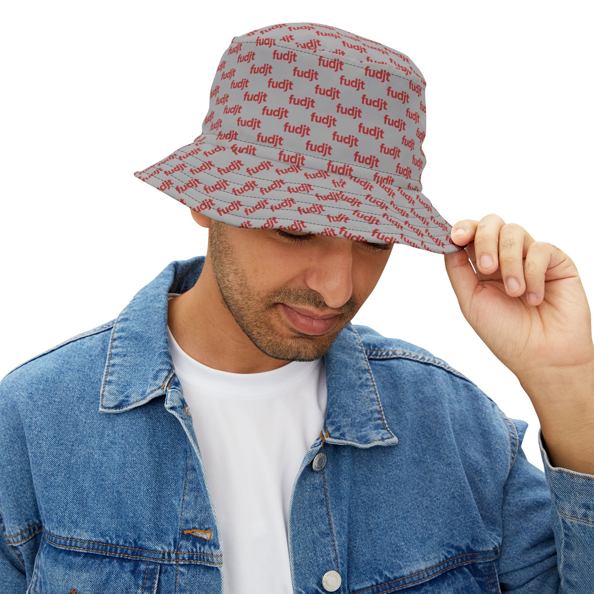 Trendy Red fudjt All Over on Light Gray Bucket Hat