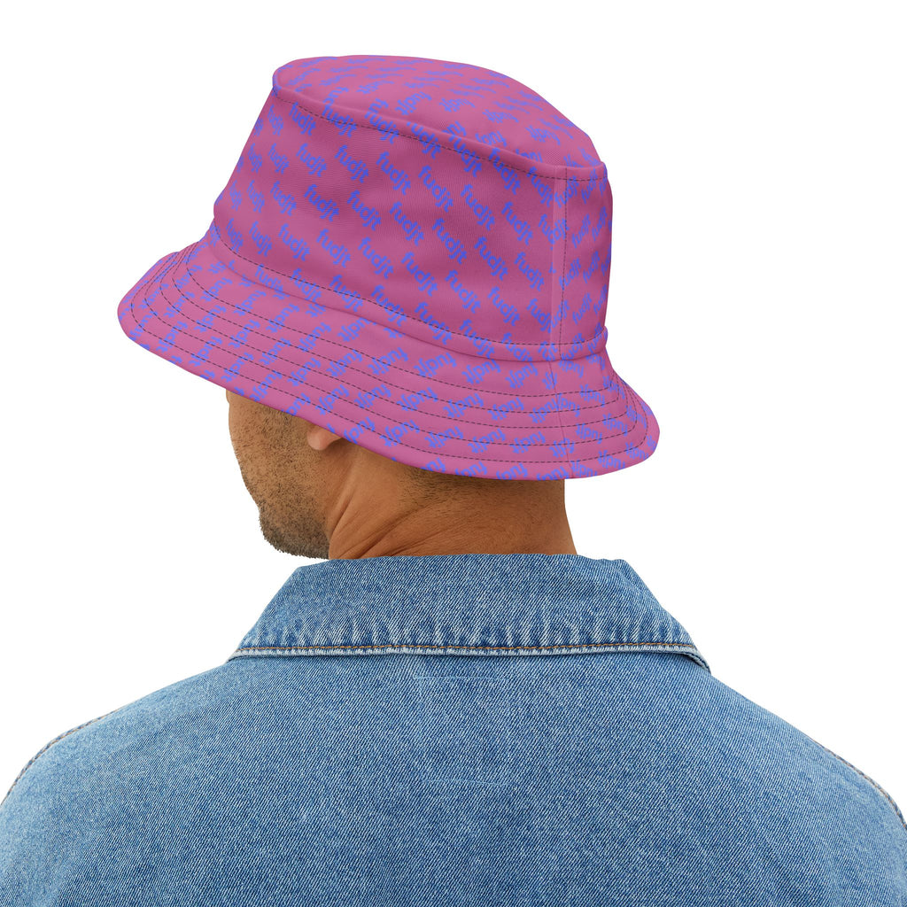 Trendy Light Blue fudjt All Over on Light Pink Bucket Hat