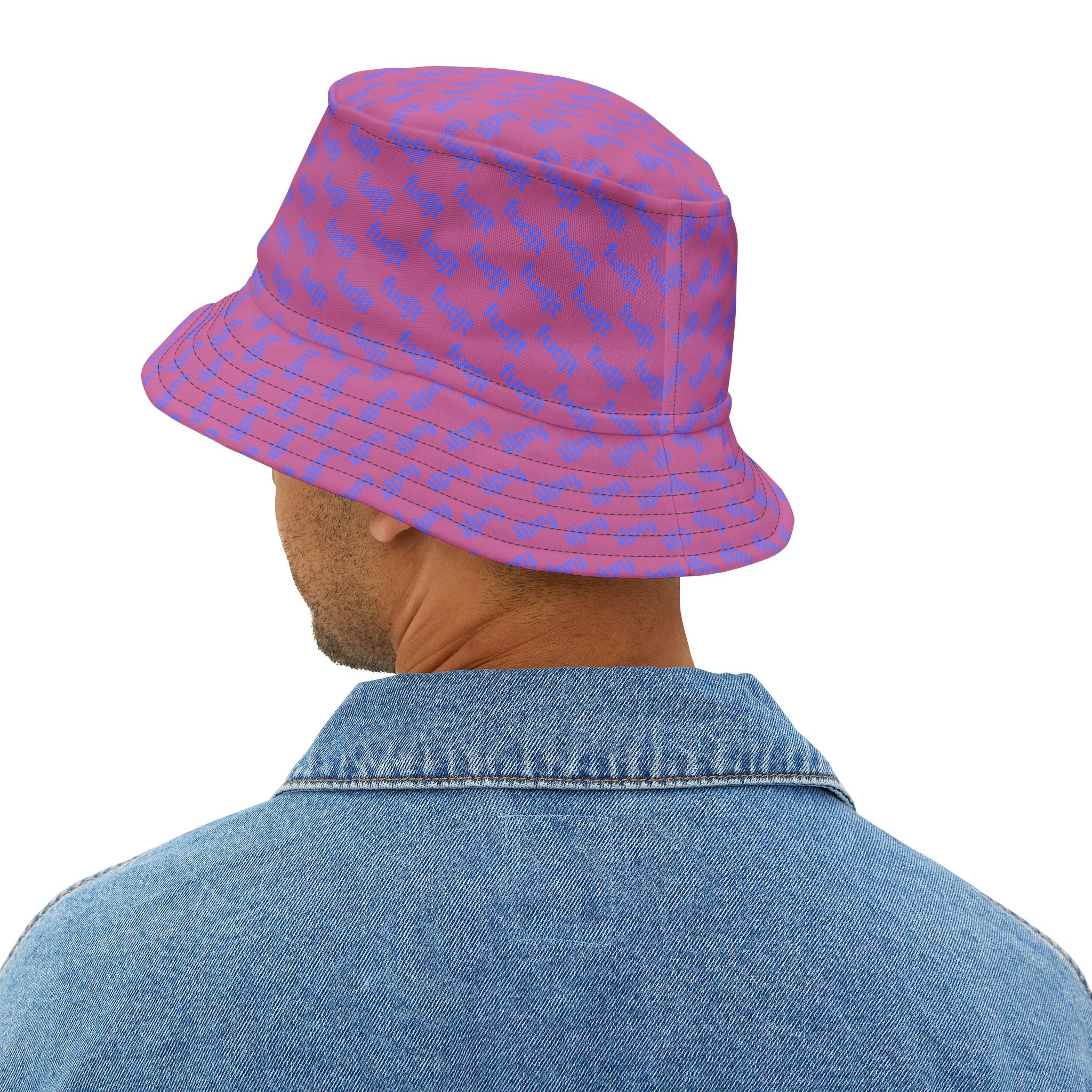 Trendy Light Blue fudjt All Over on Light Pink Bucket Hat