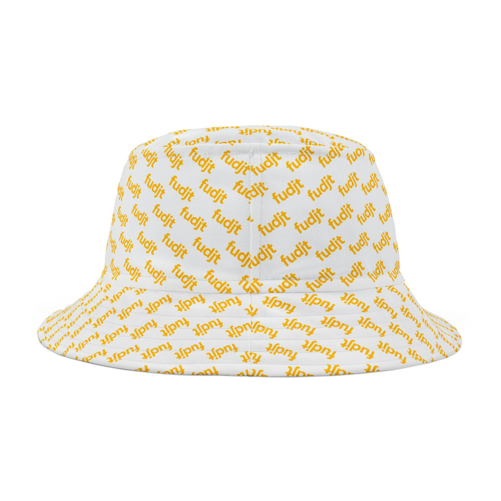 Trendy Yellow fudjt All Over on White Bucket Hat