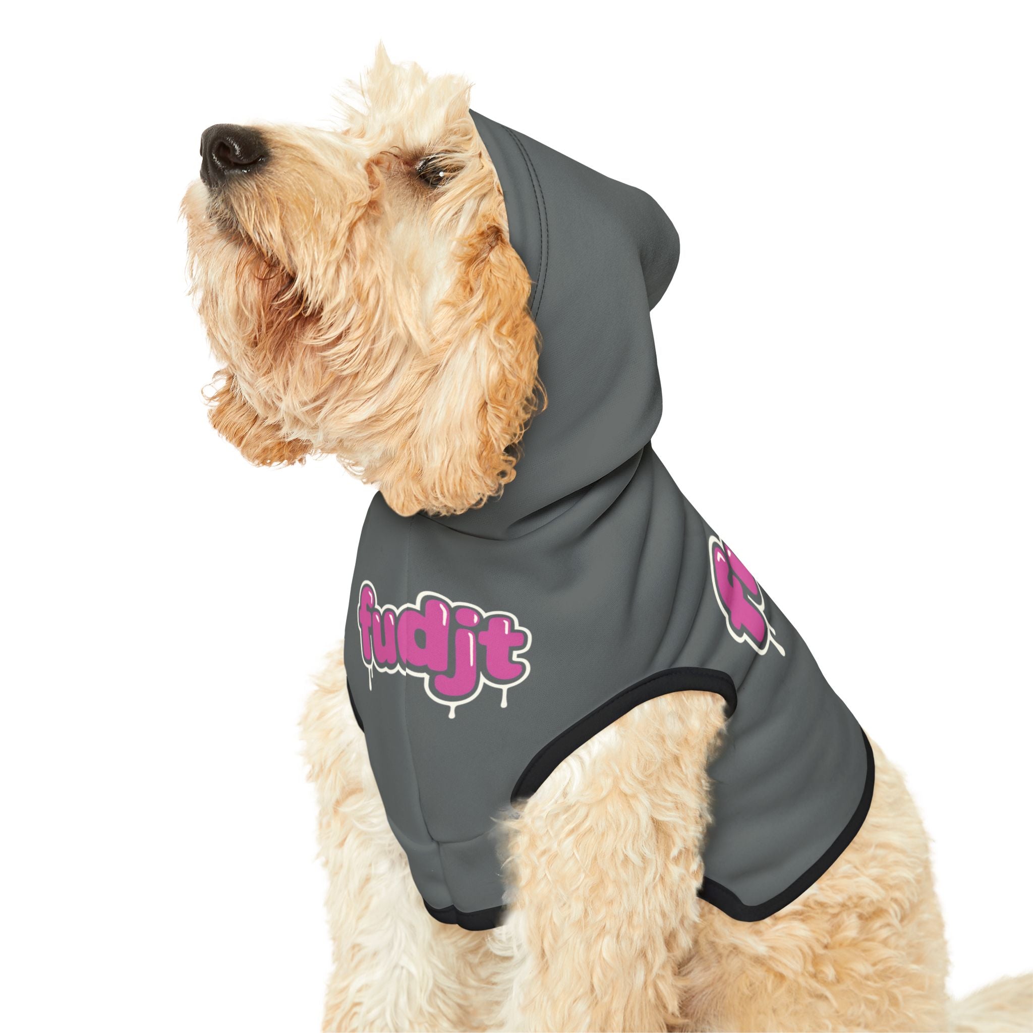 Dark Gray fudjt Pet Hoodie with Pink Drip Design