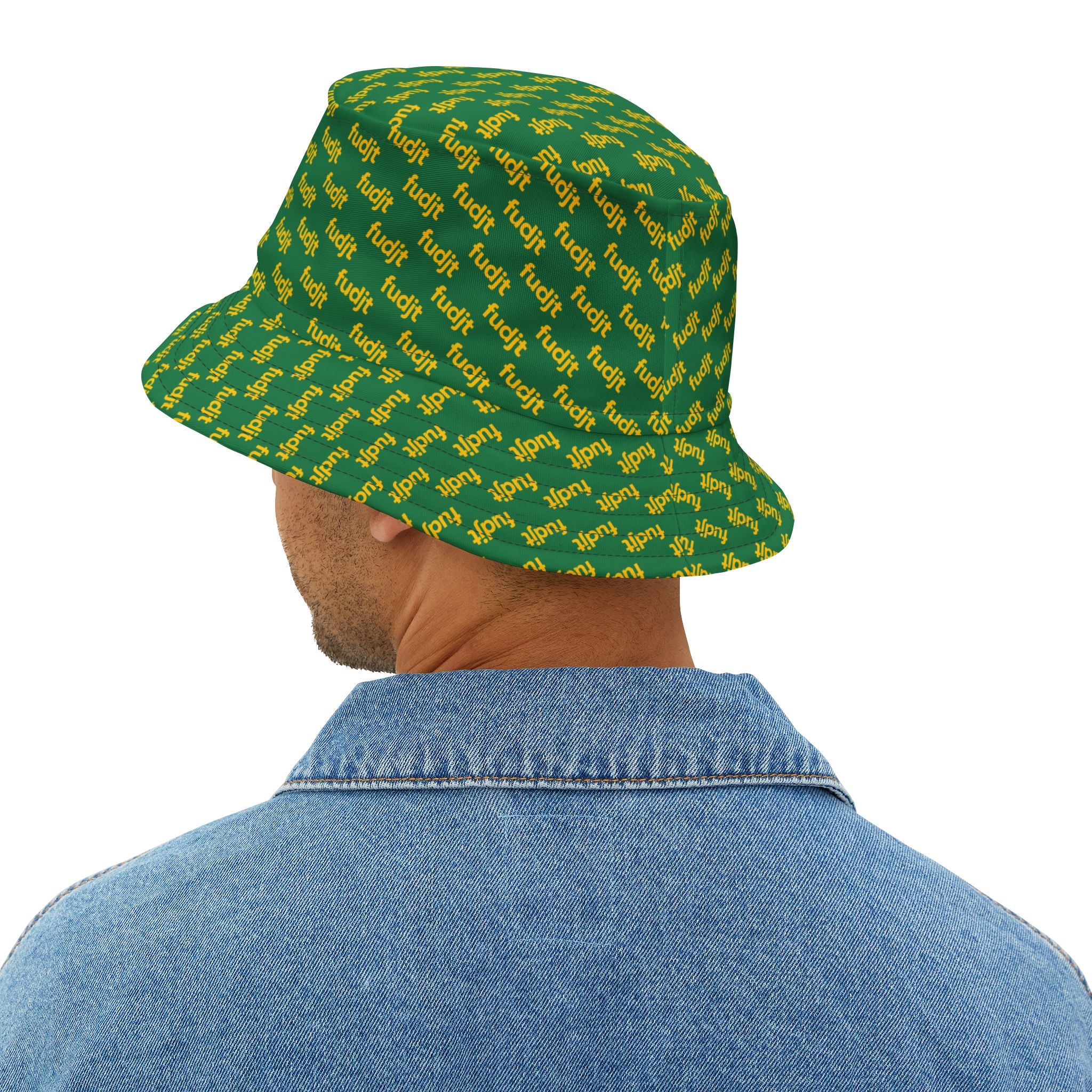 Trendy Yellow fudjt All Over on Dark Green Bucket Hat