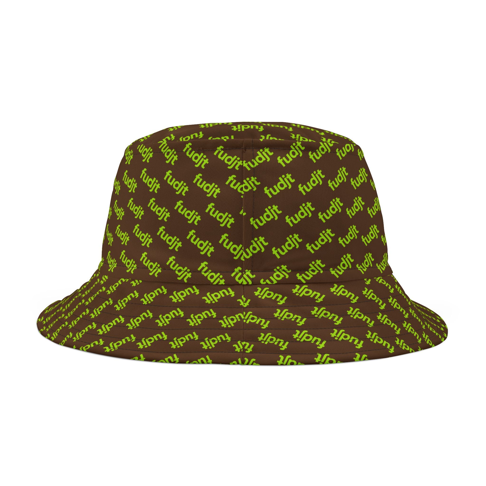Trendy Lime Green fudjt All Over on Dark Brown Bucket Hat