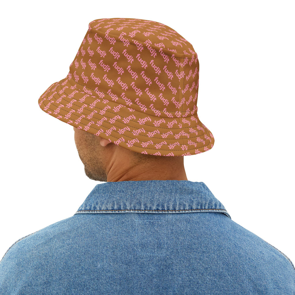 Trendy Pink fudjt All Over on Light Brown Bucket Hat