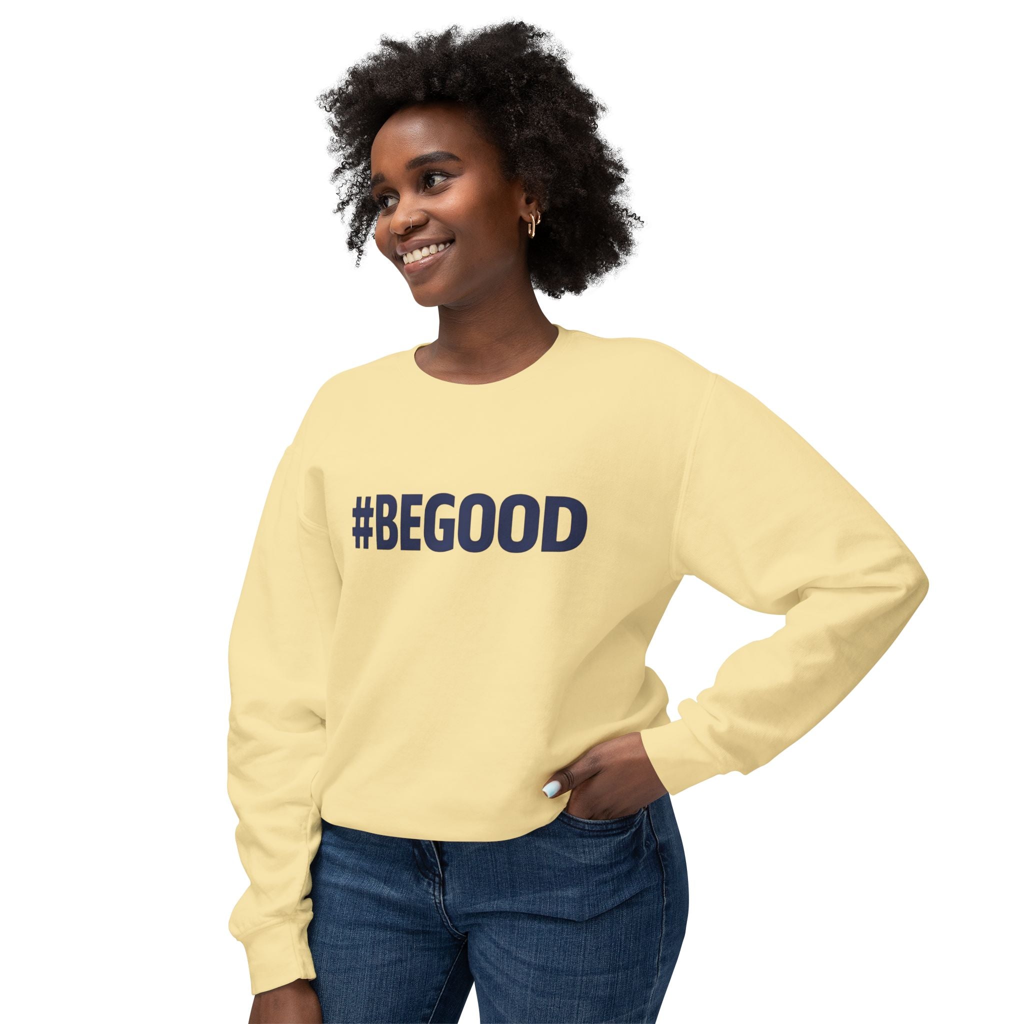 #BEGOOD Crewneck Sweatshirt — Blue Star Graphic Backside, Premium Casual Pullover | 7 Colors
