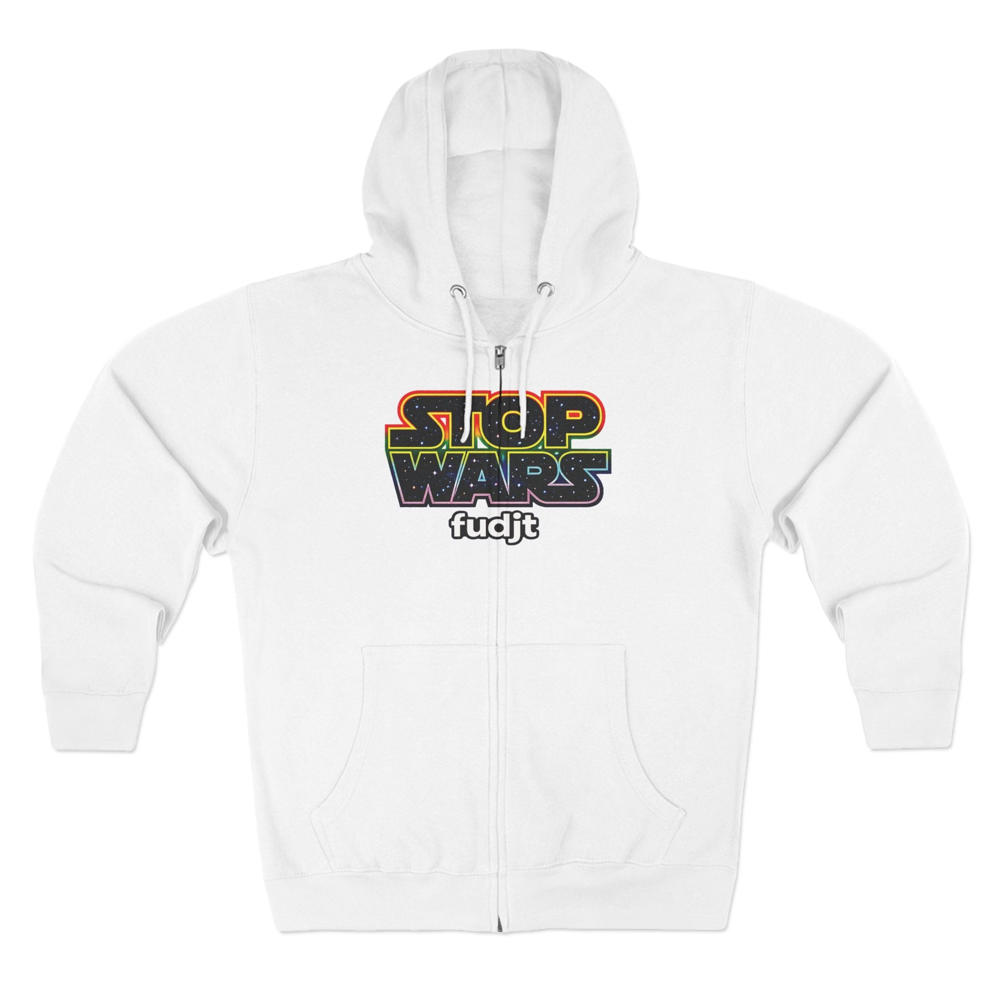 fudjt Stop Wars Zip Hoodie | Front & Back Graphic, White fudjt | 6 Colors