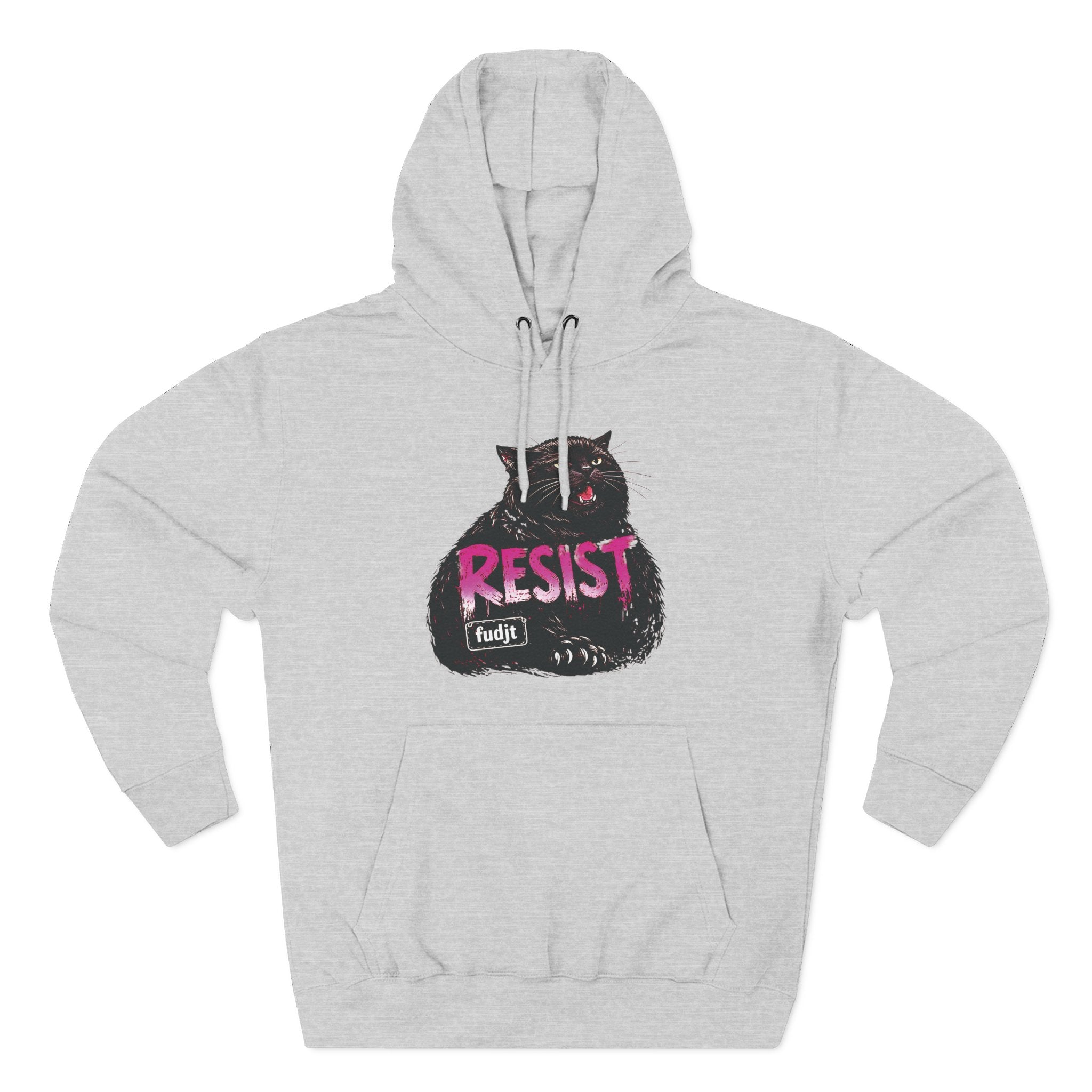 fudjt RESIST Hoodie – Premium Fleece Pullover with Black Pussycat Graphic | 14 Colors