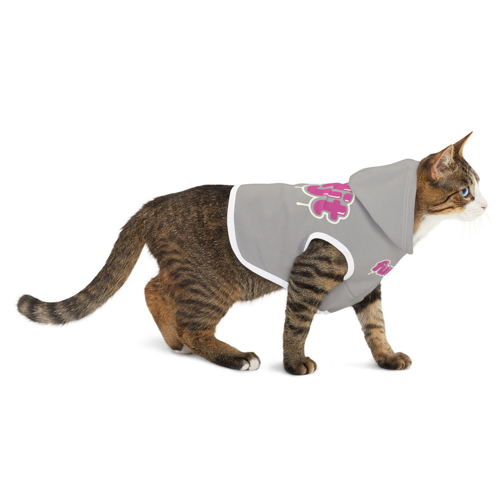 Light Gray fudjt Pet Hoodie with Pink Drip Design