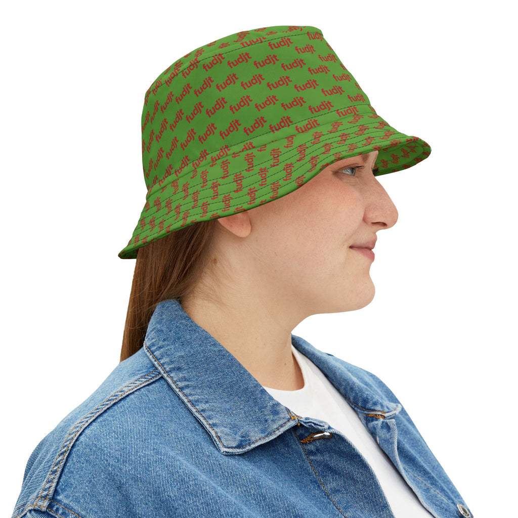 Trendy Red fudjt All Over on Green Bucket Hat