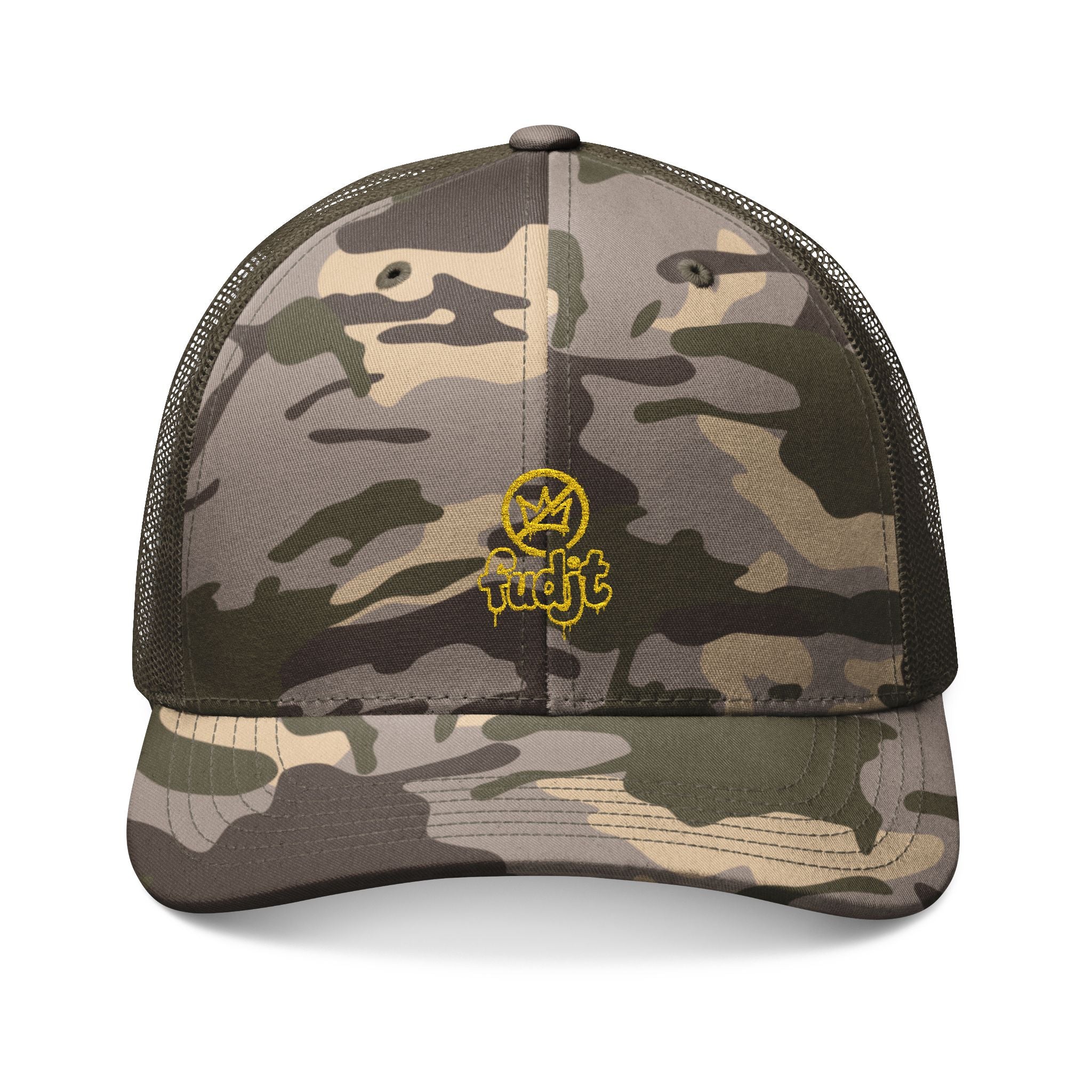 Camouflage Trucker Hat with Golden fudjt No Kings Embroidery | 3 Colors