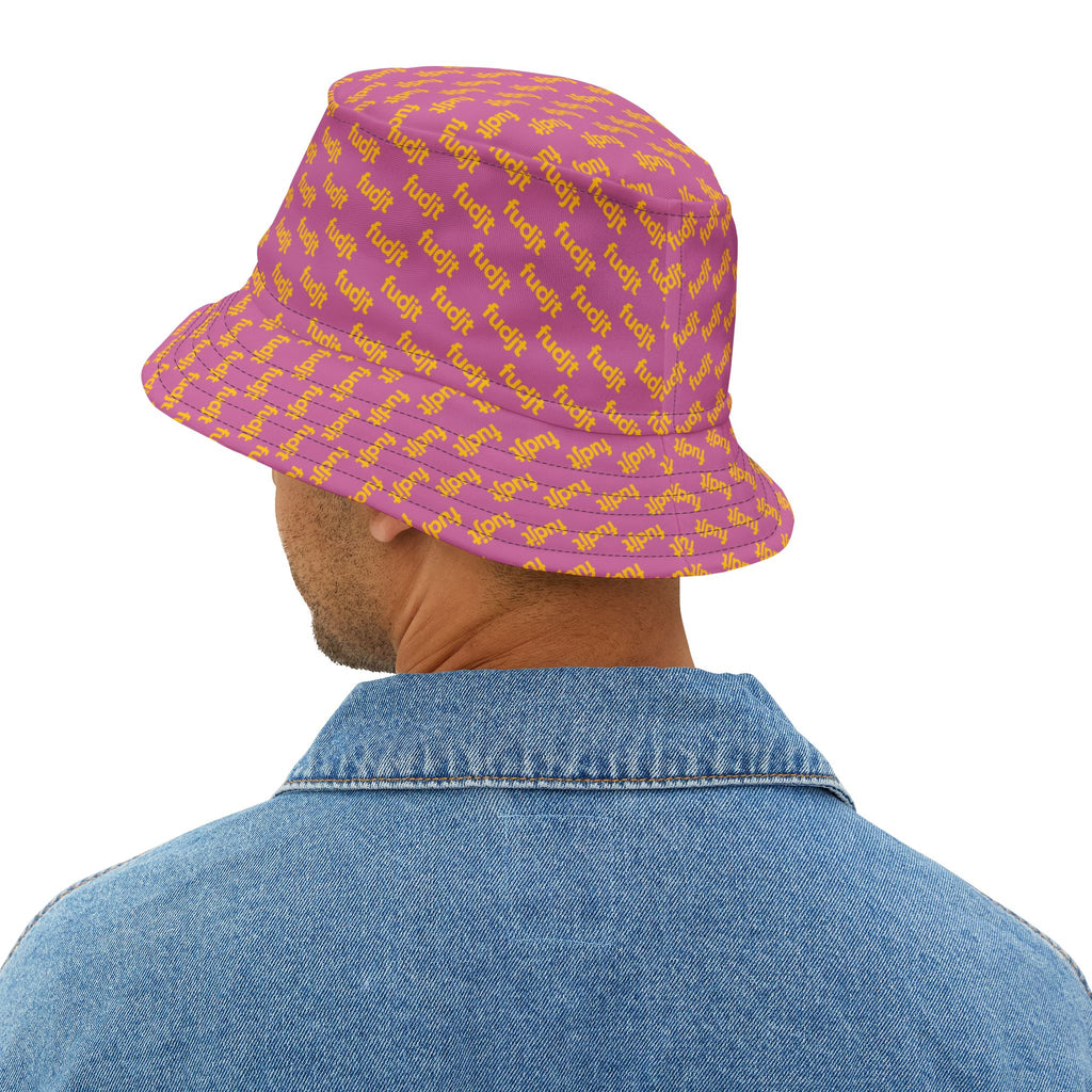 Trendy Yellow fudjt All Over on Light Pink Bucket Hat