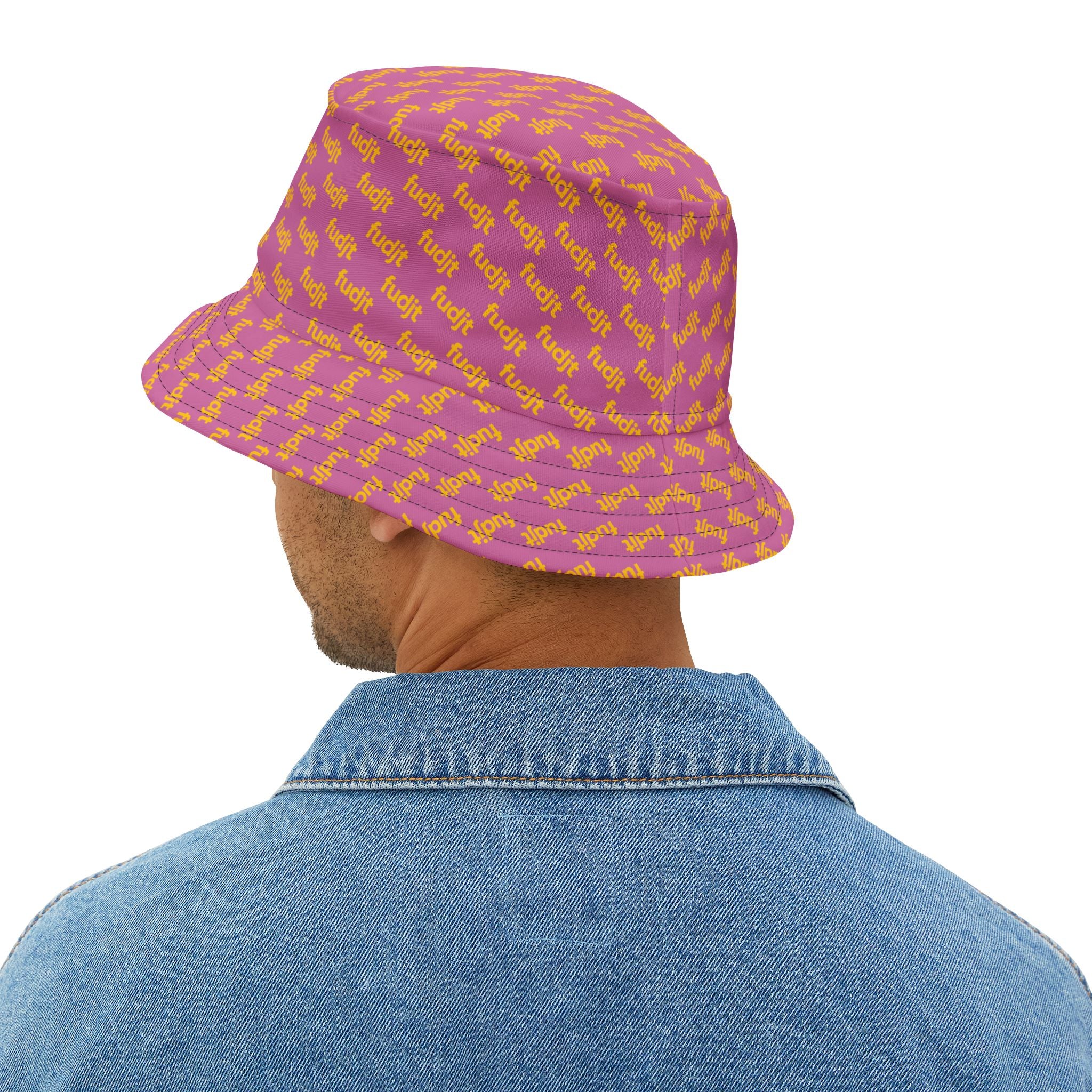 Trendy Yellow fudjt All Over on Light Pink Bucket Hat
