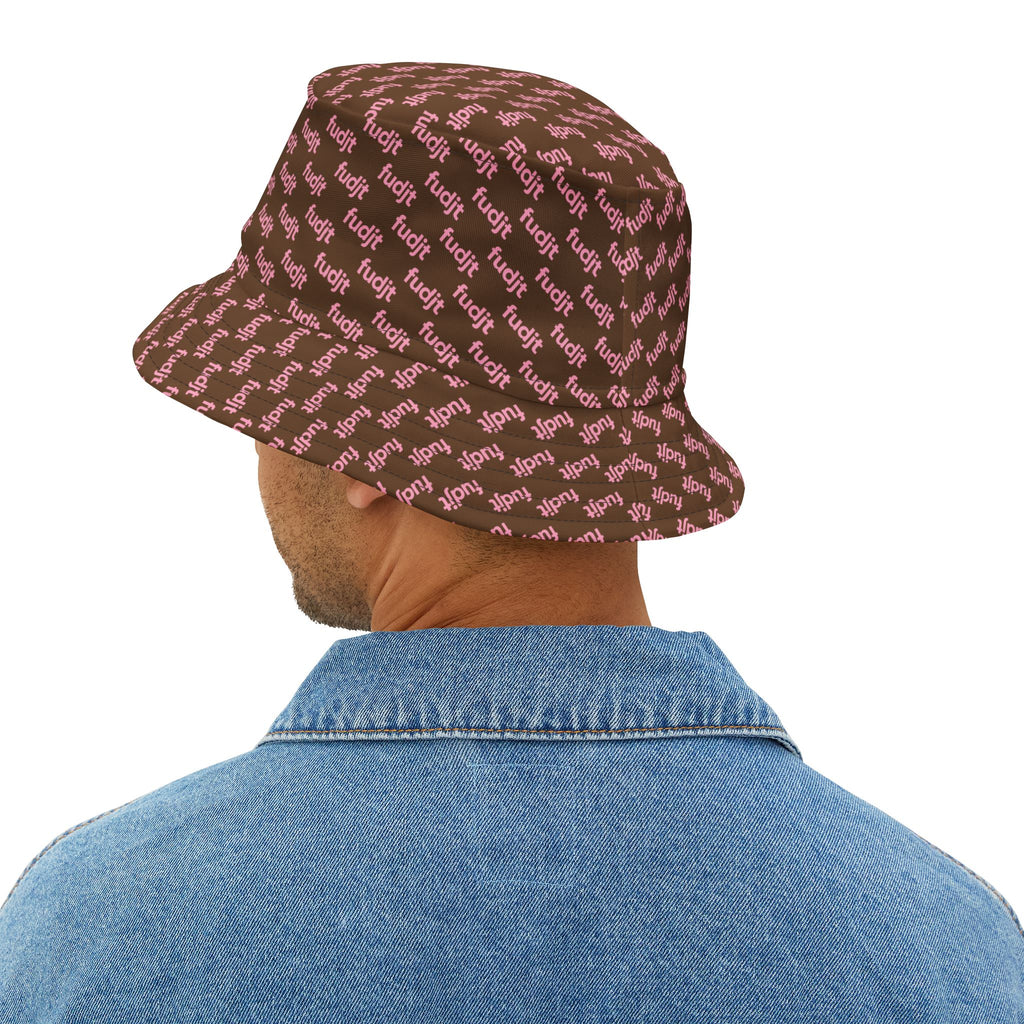 Trendy Pink fudjt All Over on Dark Brown Bucket Hat