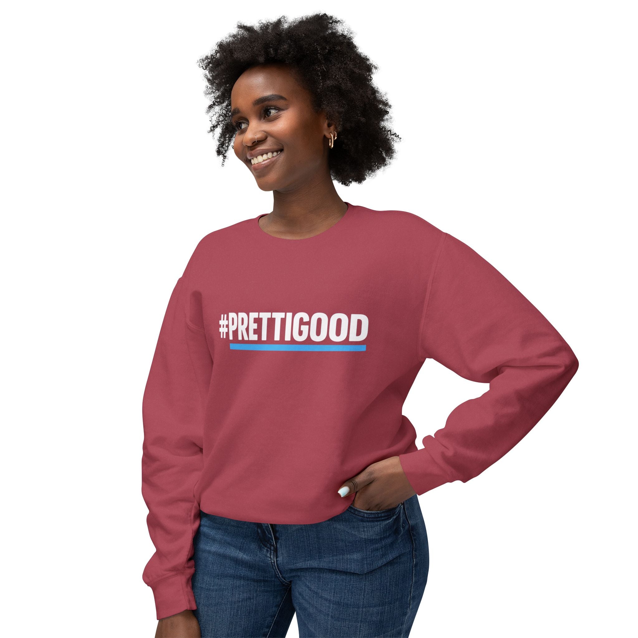 #PrettiGood Crewneck Sweatshirt — Blue Star Graphic Backside, Premium Casual Pullover | 7 Colors