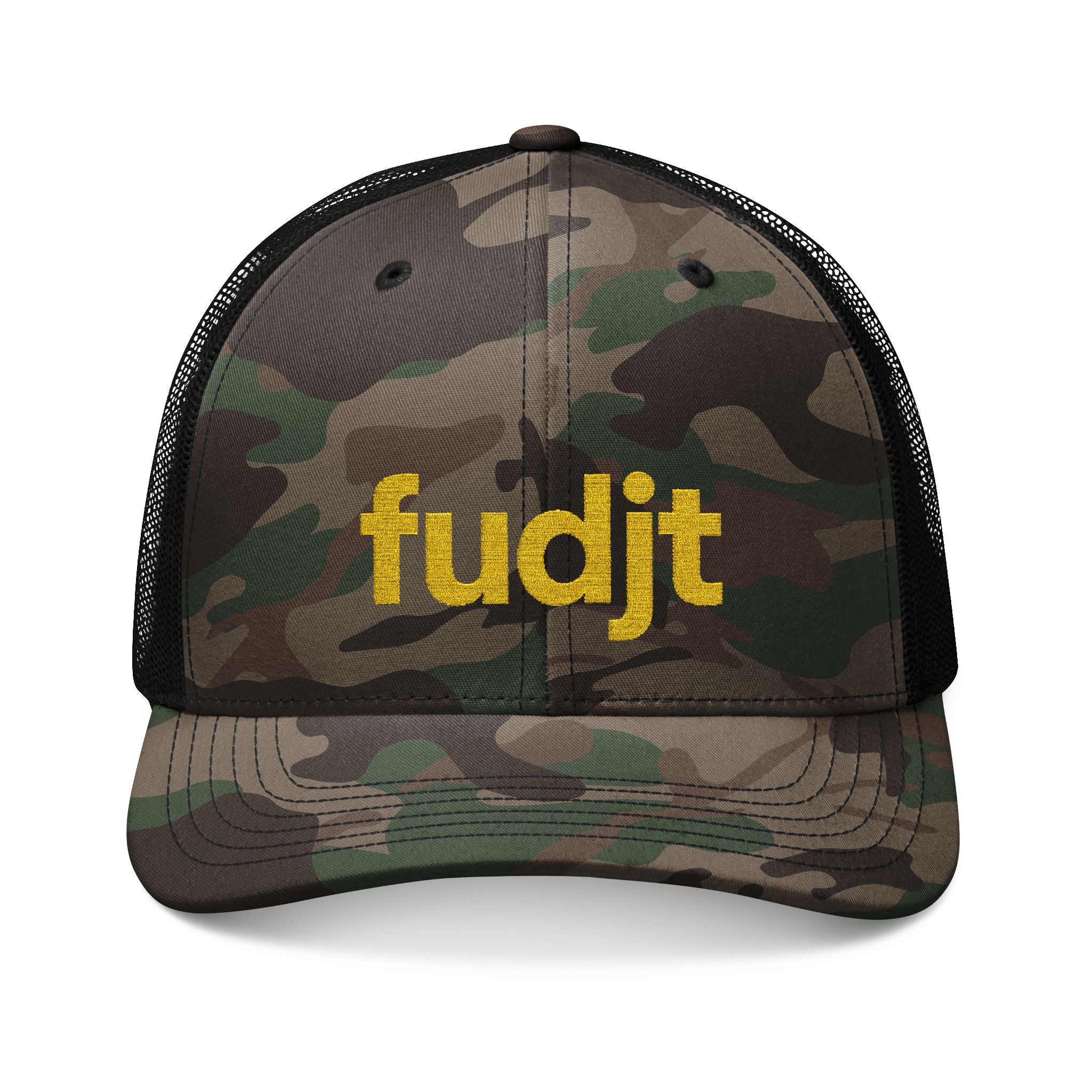 Camouflage Trucker Hat with Gold fudjt Logo Embroidery | 3 Colors