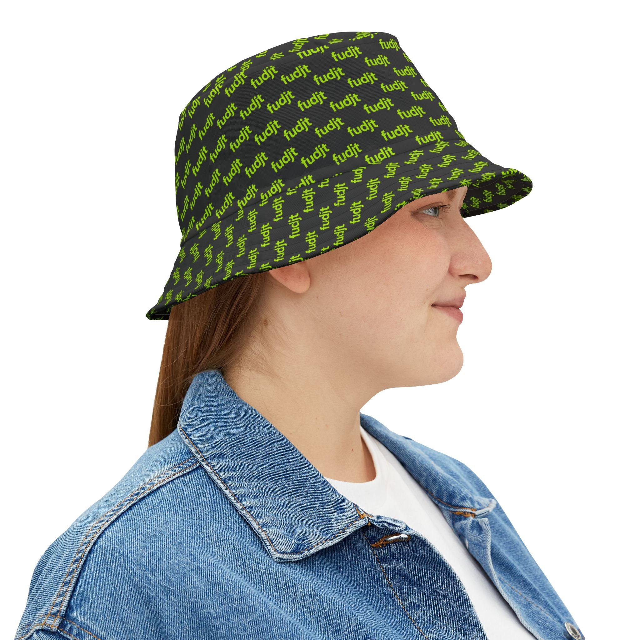 Trendy Lime Green fudjt All Over on Black Bucket Hat