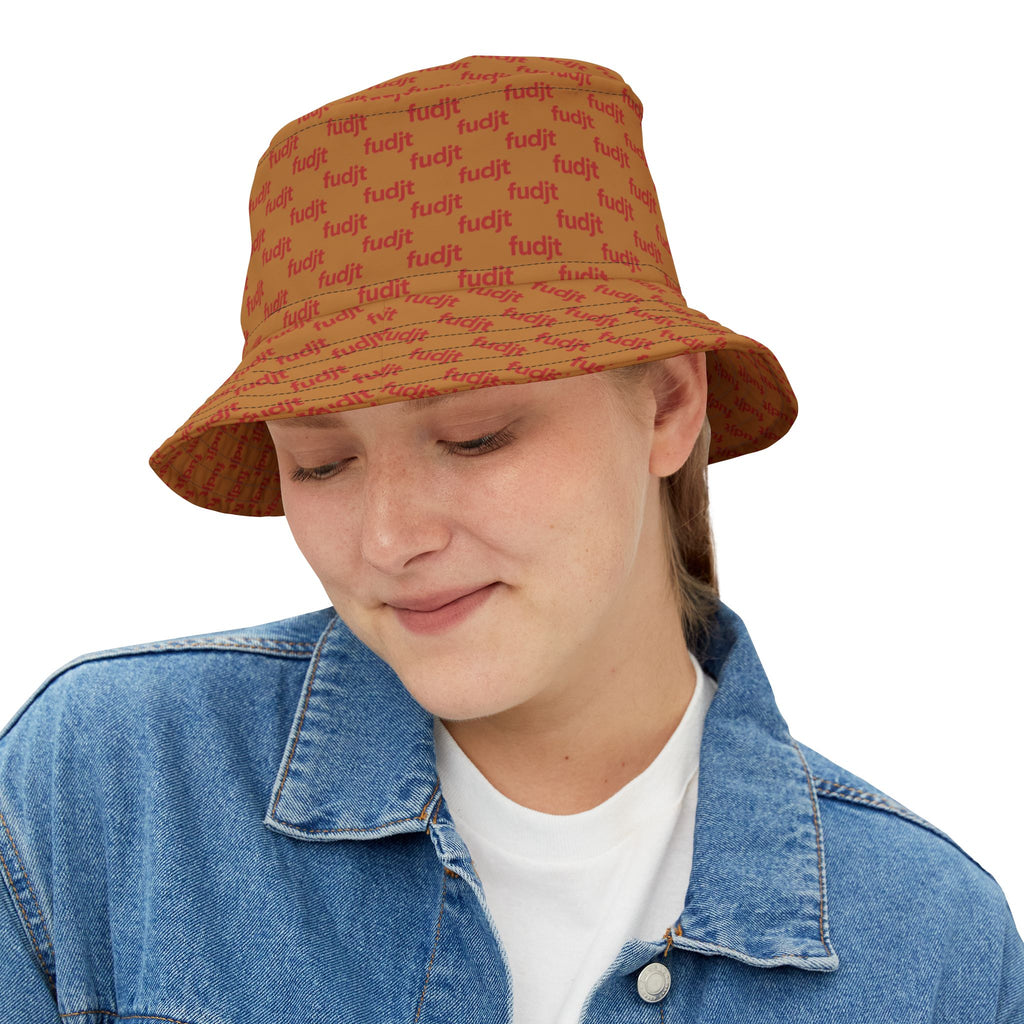 Trendy Red fudjt All Over on Light Brown Bucket Hat