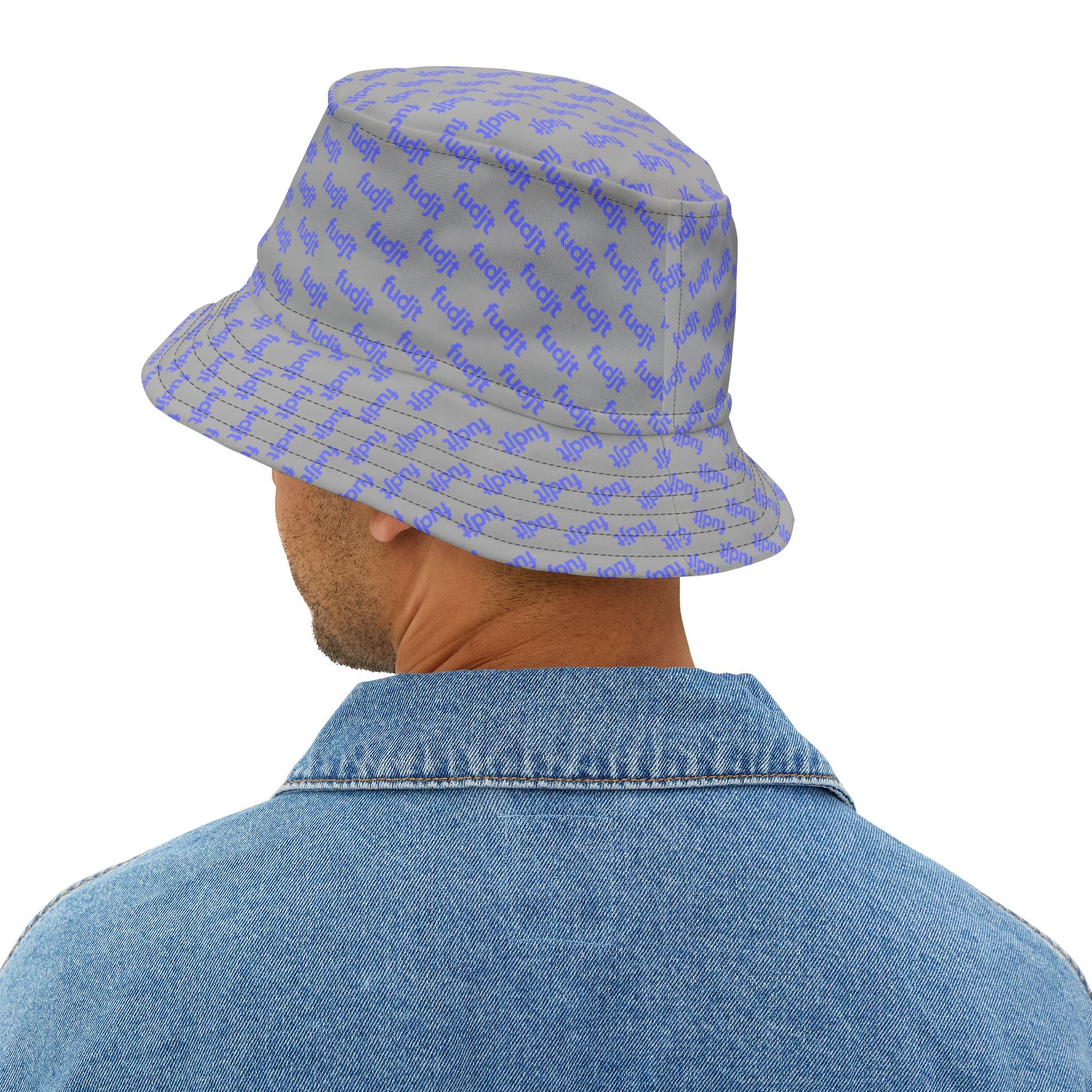 Trendy Light Blue fudjt All Over on Light Gray Bucket Hat