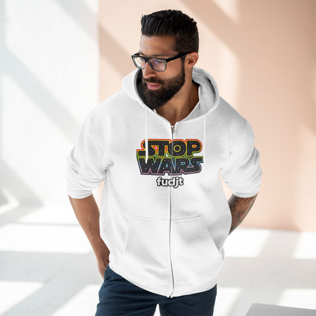 fudjt Stop Wars Zip Hoodie | Front & Back Graphic, White fudjt | 6 Colors