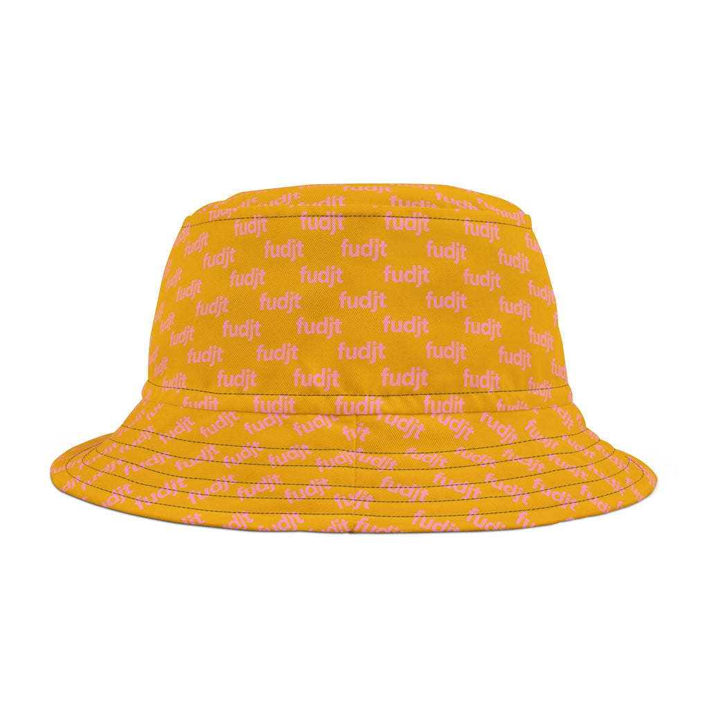 Trendy Pink fudjt All Over on Yellow Bucket Hat