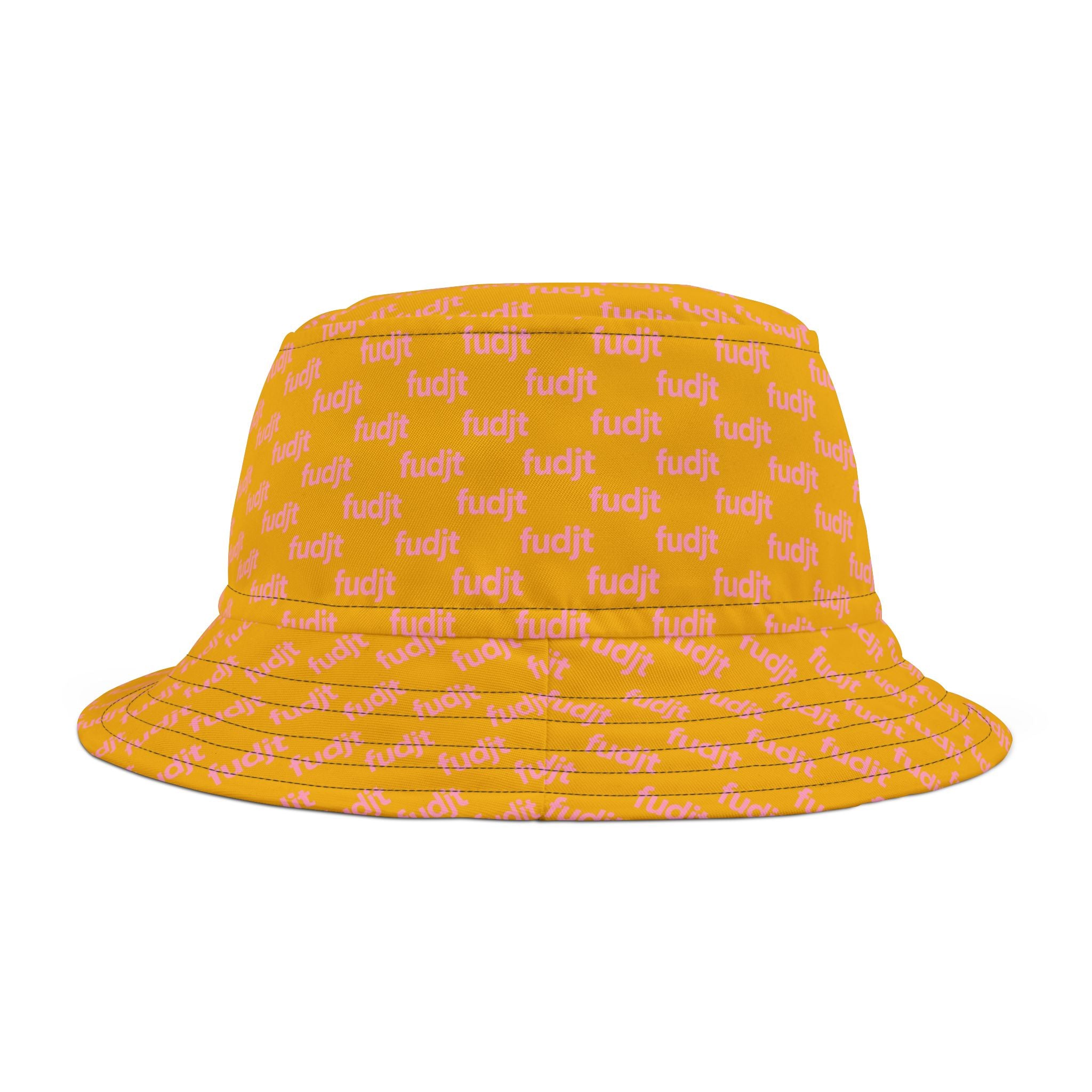 Trendy Pink fudjt All Over on Yellow Bucket Hat