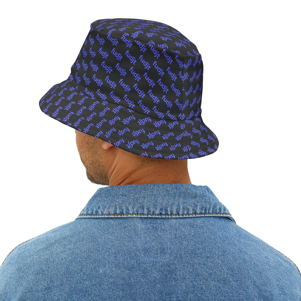 Trendy Light Blue fudjt All Over on Black Bucket Hat