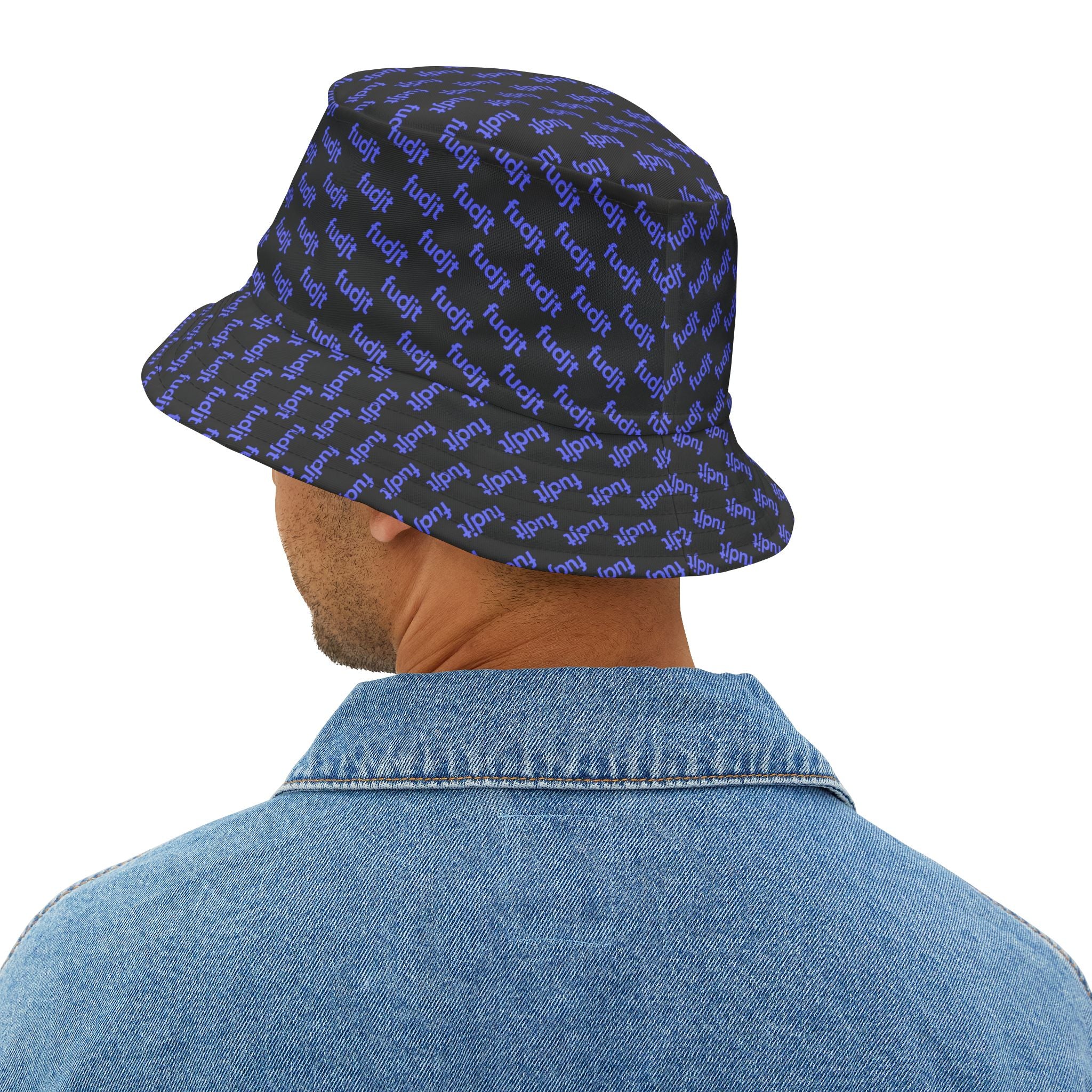 Trendy Light Blue fudjt All Over on Black Bucket Hat