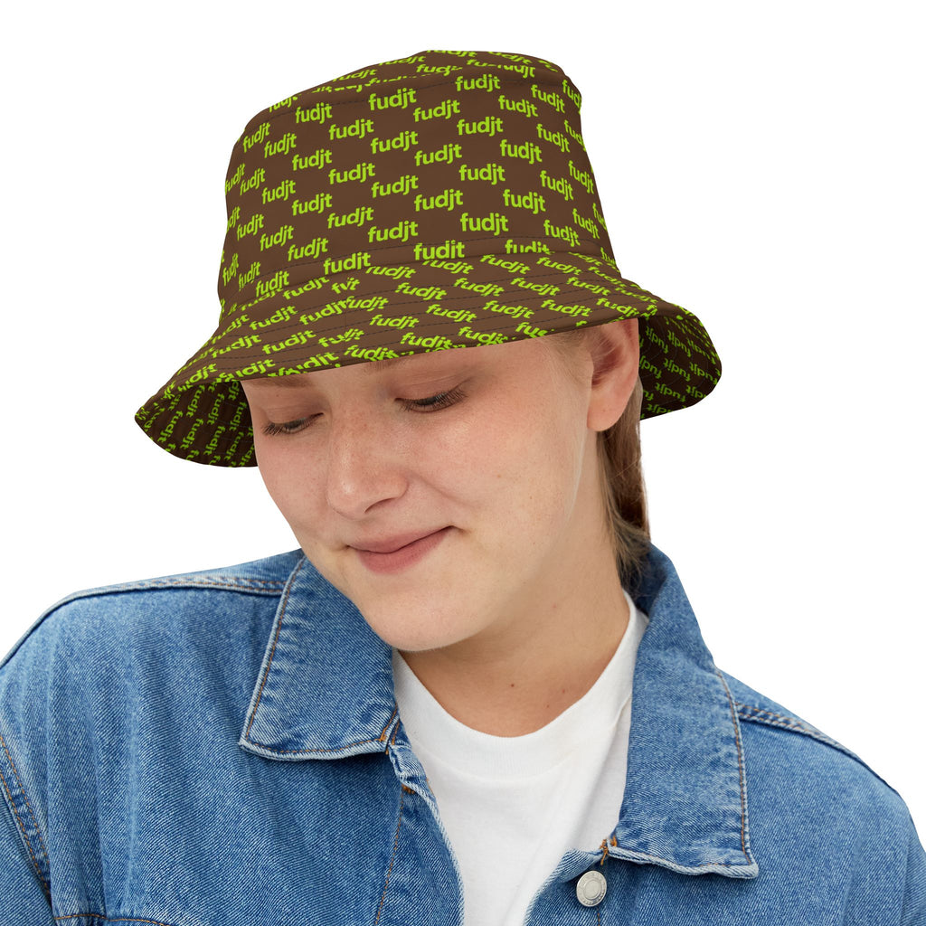 Trendy Lime Green fudjt All Over on Dark Brown Bucket Hat