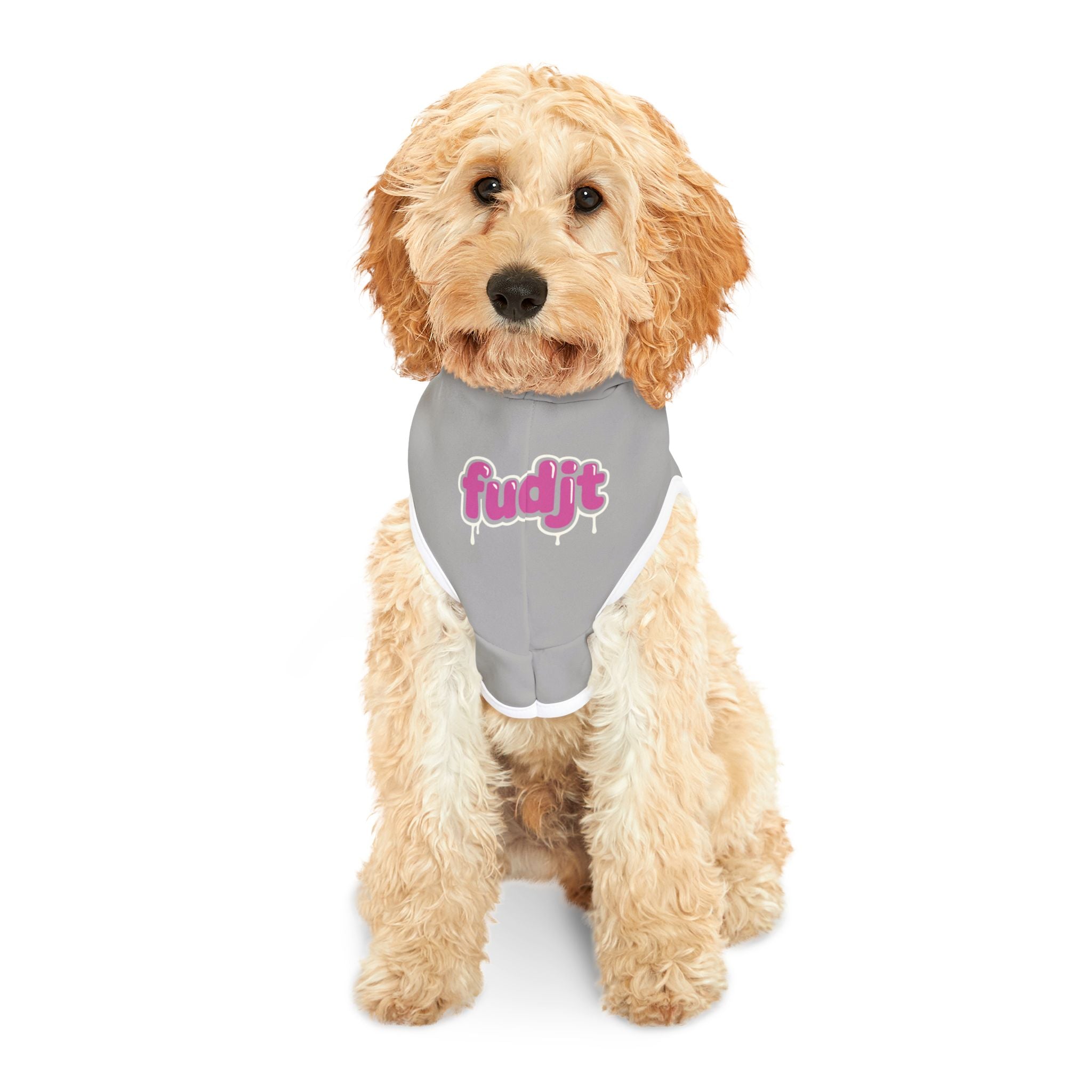 Light Gray fudjt Pet Hoodie with Pink Drip Design