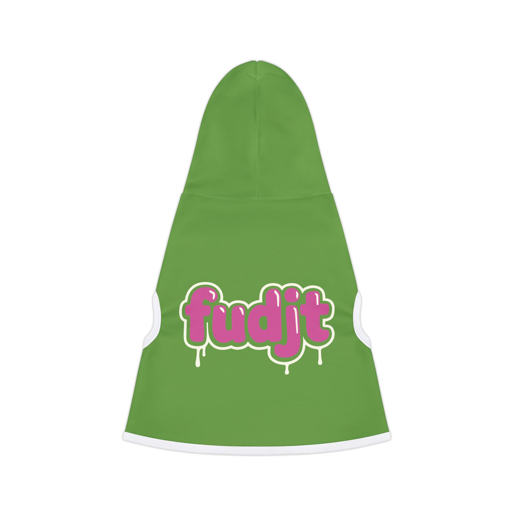 Green fudjt Pet Hoodie with Pink Drip Design
