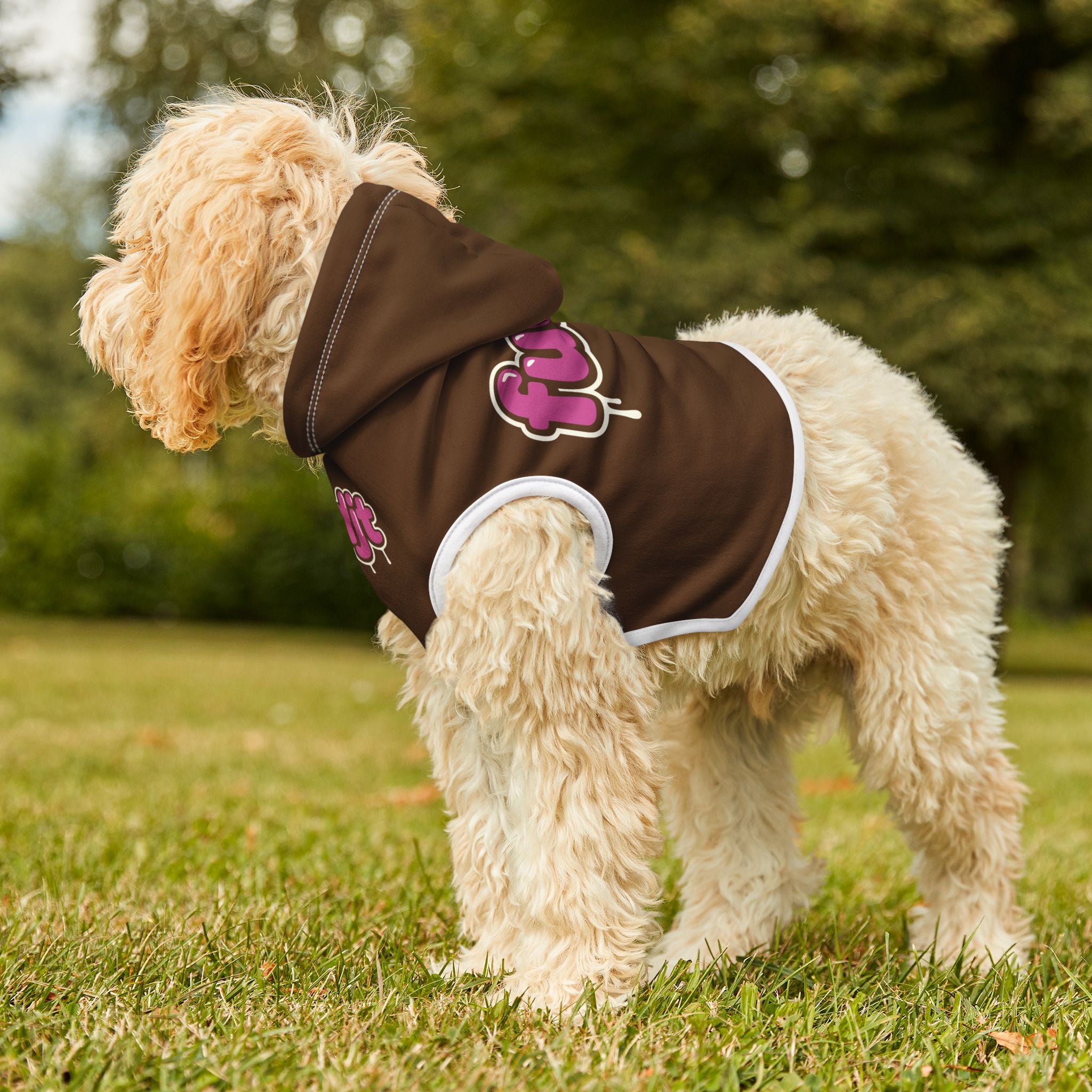 Brown fudjt Pet Hoodie with Pink Drip Design