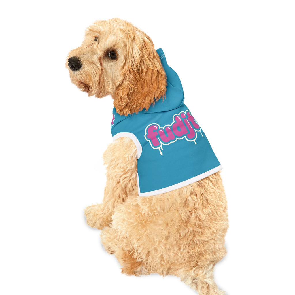 Turquoise fudjt Pet Hoodie with Pink Drip Design