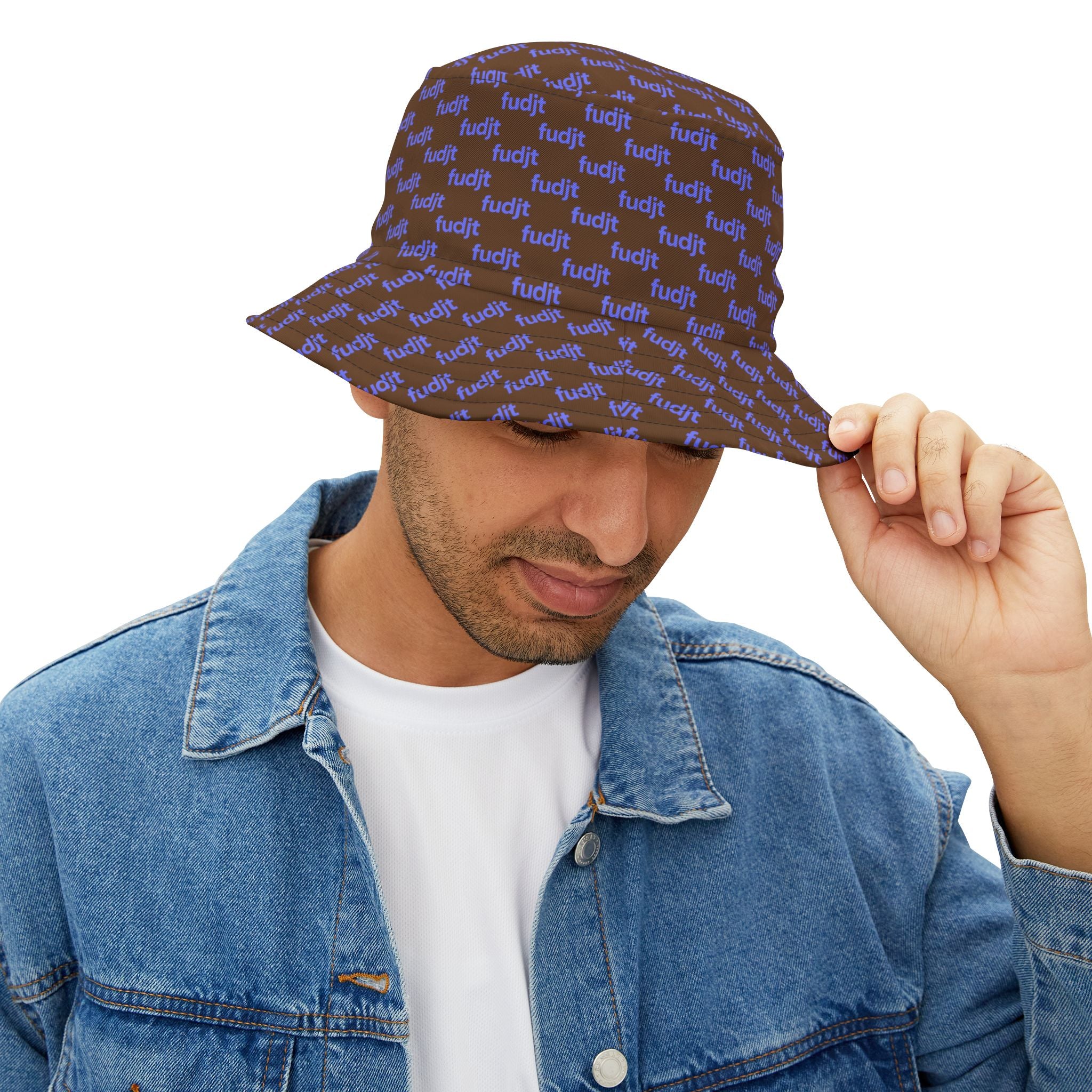 Trendy Light Blue fudjt All Over on Dark Brown Bucket Hat