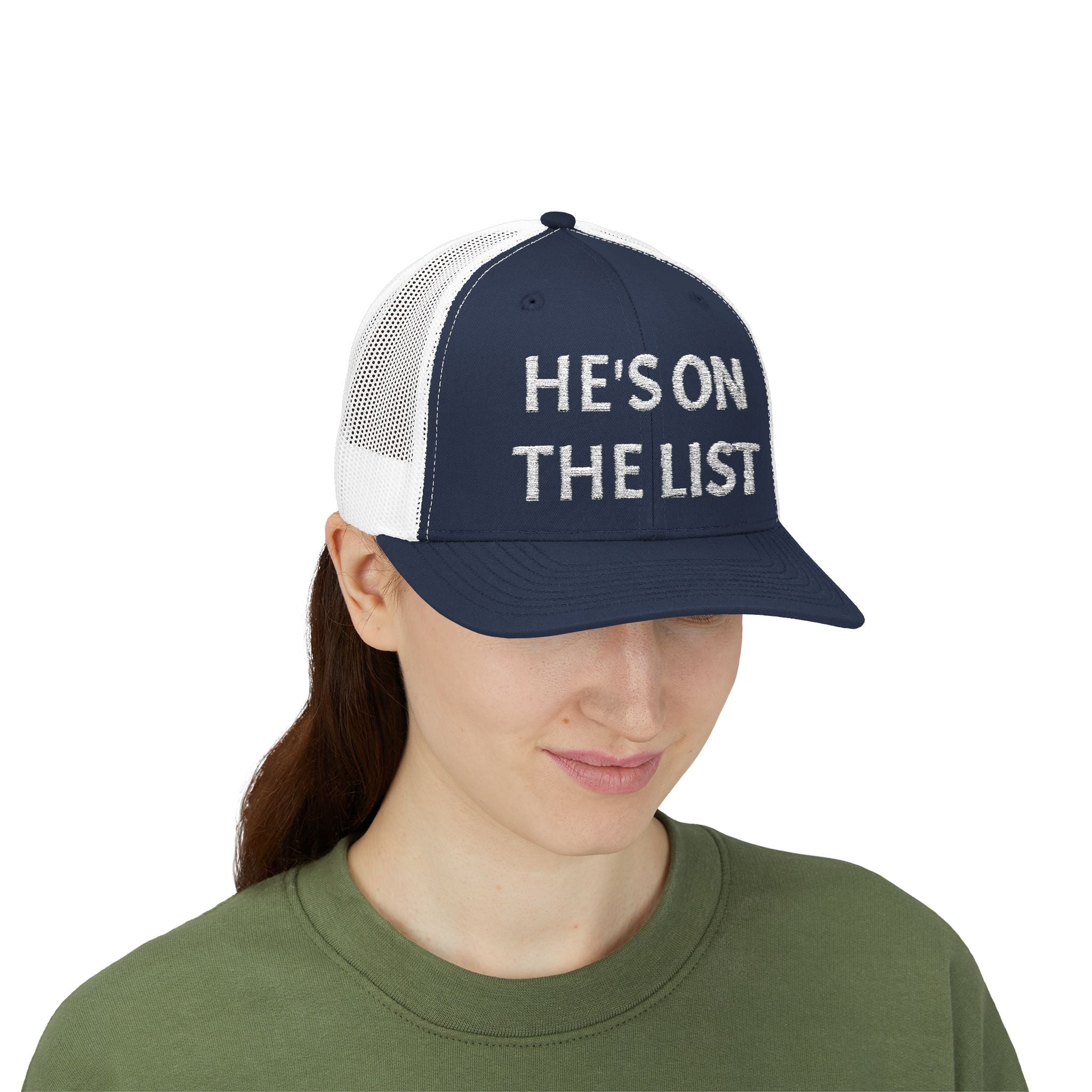 He's on the List | White Embroidered Fudjt Snapback Trucker Cap in 6 Colors | Trending Now
