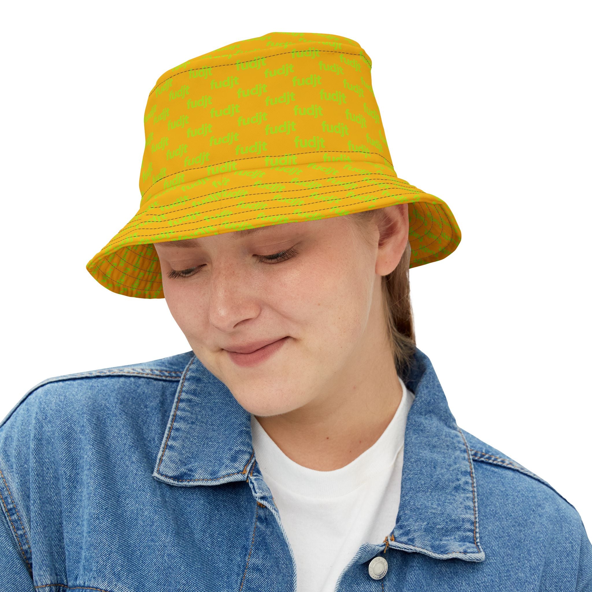 Trendy Lime Green fudjt All Over on Yellow Bucket Hat