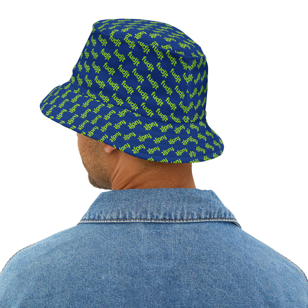 Trendy Lime Green fudjt All Over on Dark Blue Bucket Hat