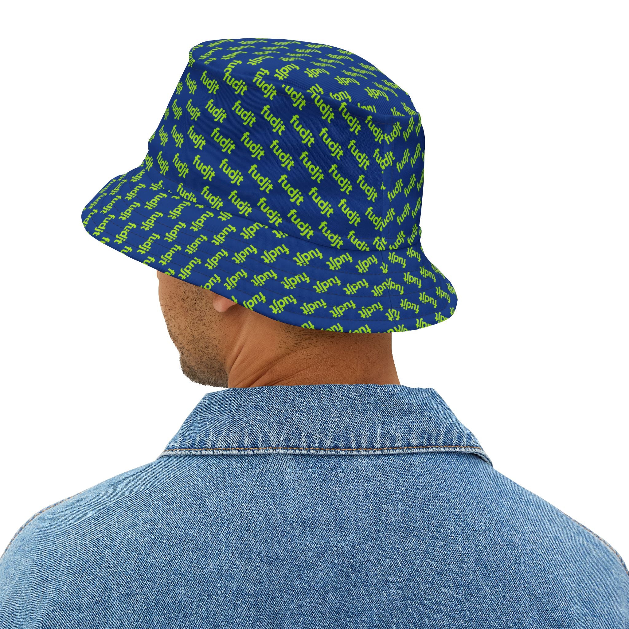Trendy Lime Green fudjt All Over on Dark Blue Bucket Hat