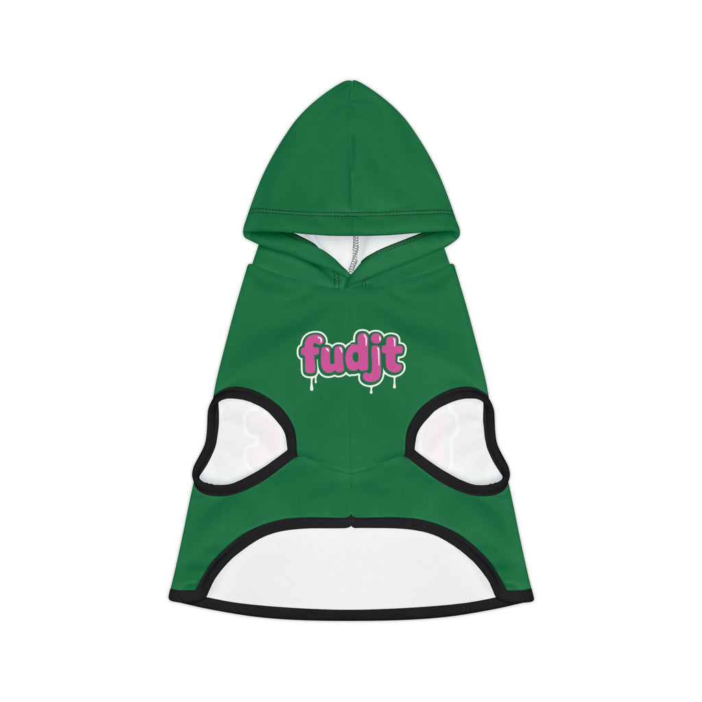 Dark Green fudjt Pet Hoodie with Pink Drip Design