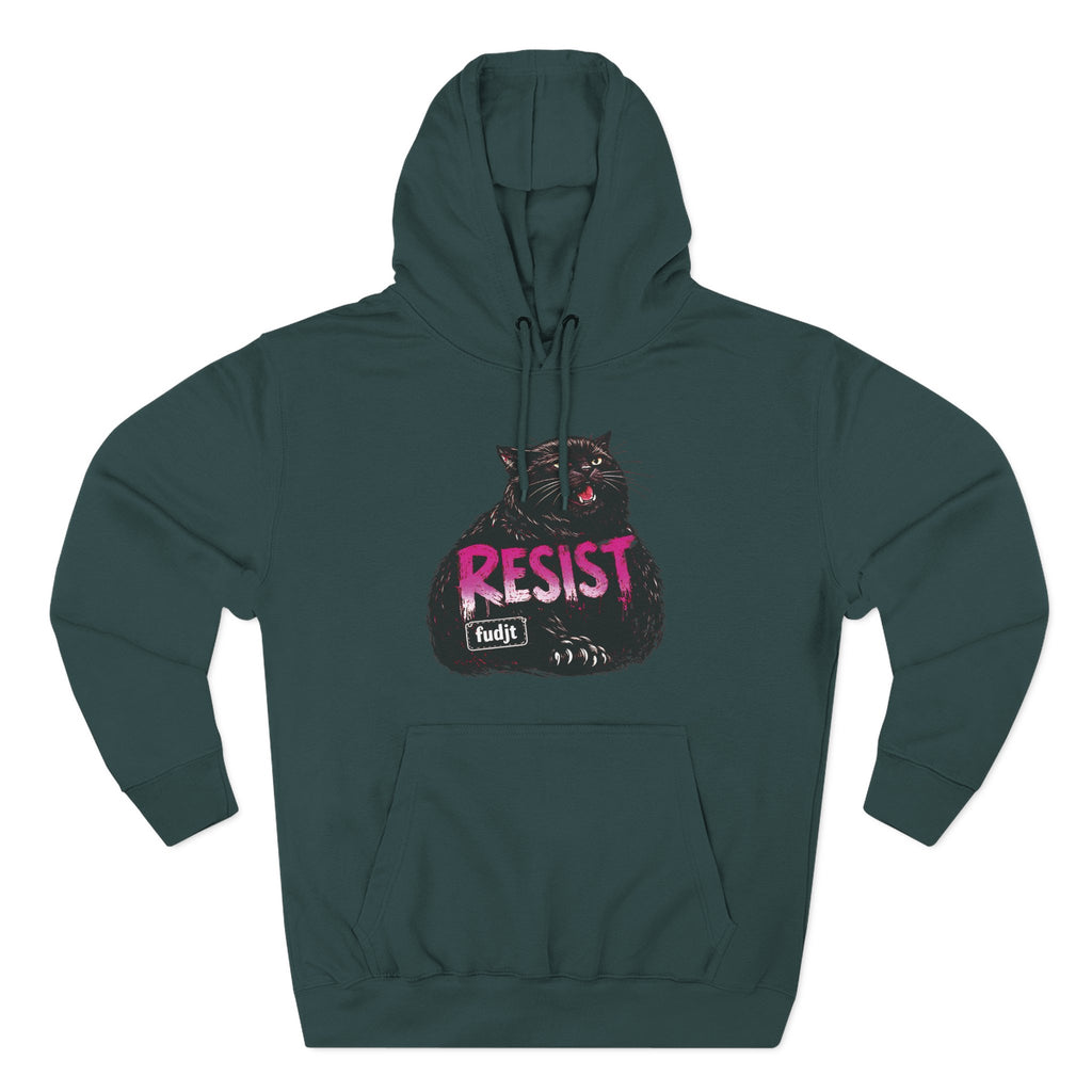 fudjt RESIST Hoodie – Premium Fleece Pullover with Black Pussycat Graphic | 14 Colors