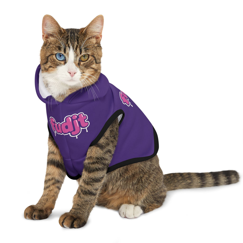 Purple fudjt Pet Hoodie with Pink Drip Design