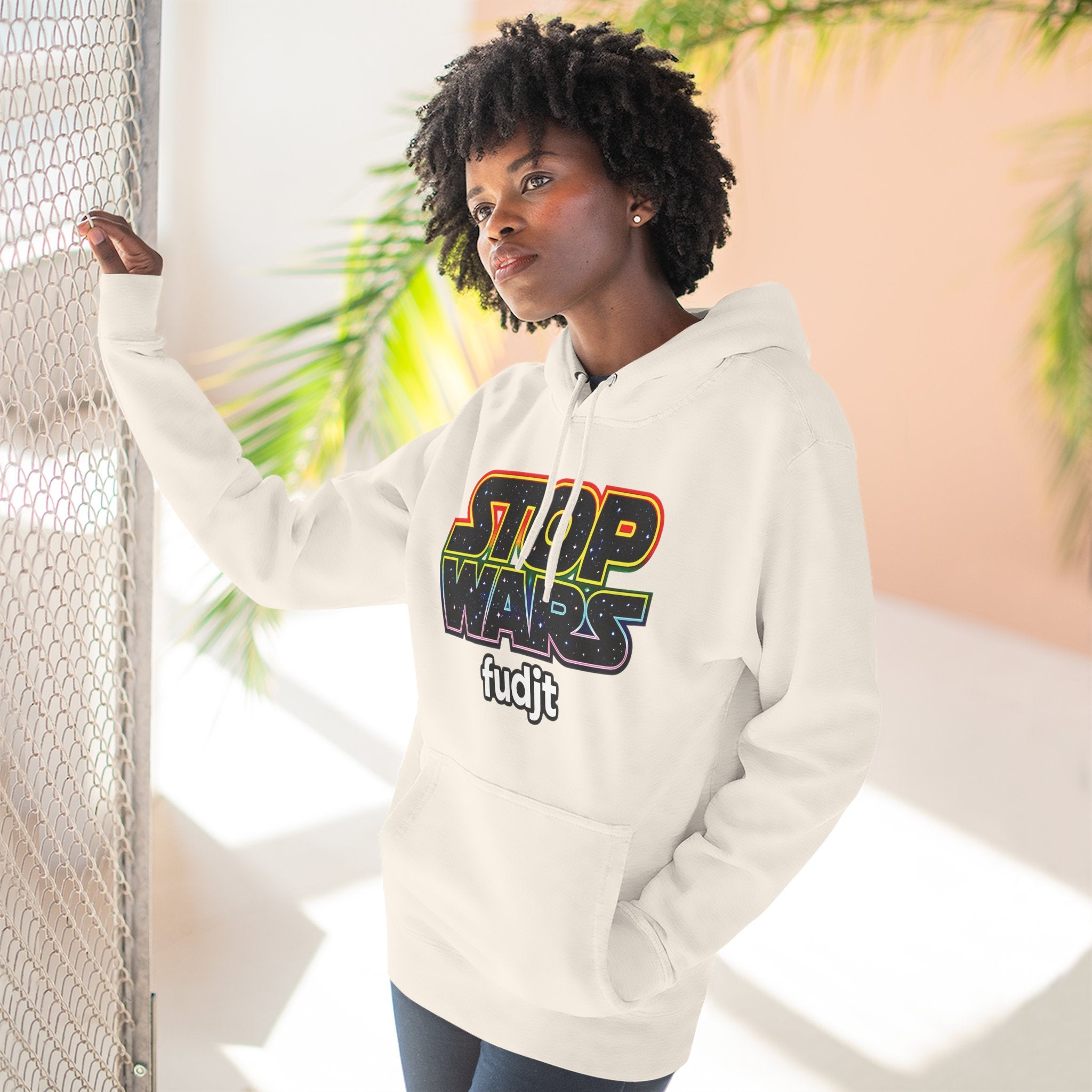 fudjt Stop Wars Hoodie – Premium Fleece Pullover with Retro Protest Graphic, White fudjt | 15 Colors