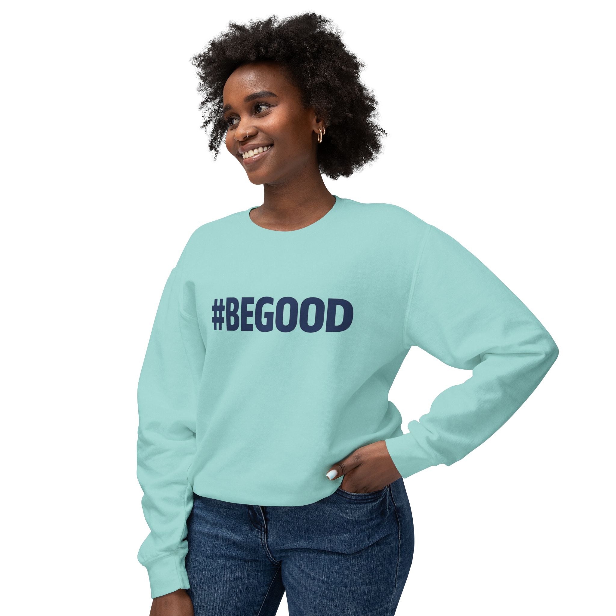 #BEGOOD Crewneck Sweatshirt — Blue Star Graphic Backside, Premium Casual Pullover | 7 Colors