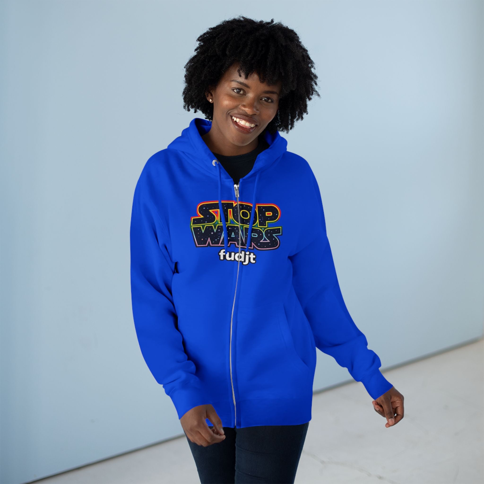 fudjt Stop Wars Zip Hoodie | Front & Back Graphic, White fudjt | 6 Colors