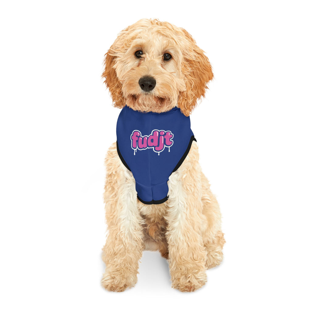 Dark Blue fudjt Pet Hoodie with Pink Drip Design