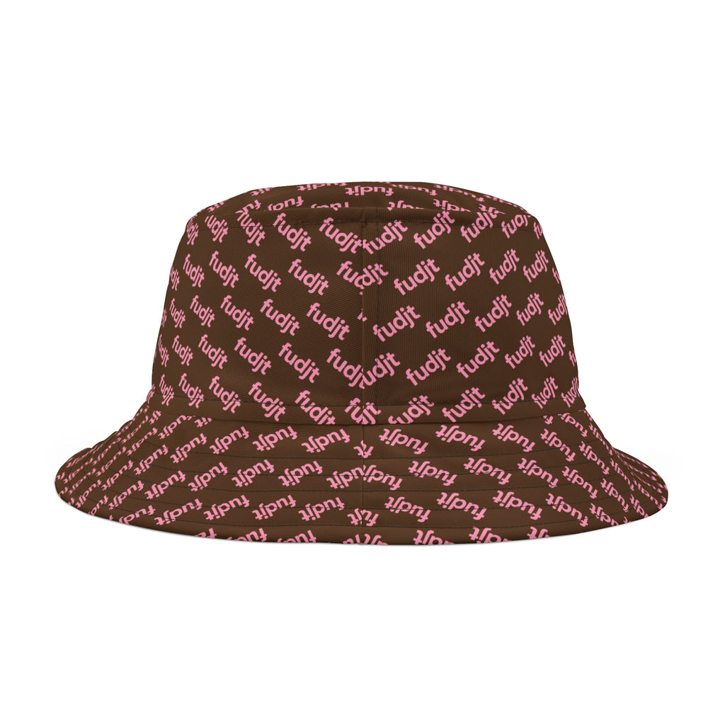 Trendy Pink fudjt All Over on Dark Brown Bucket Hat