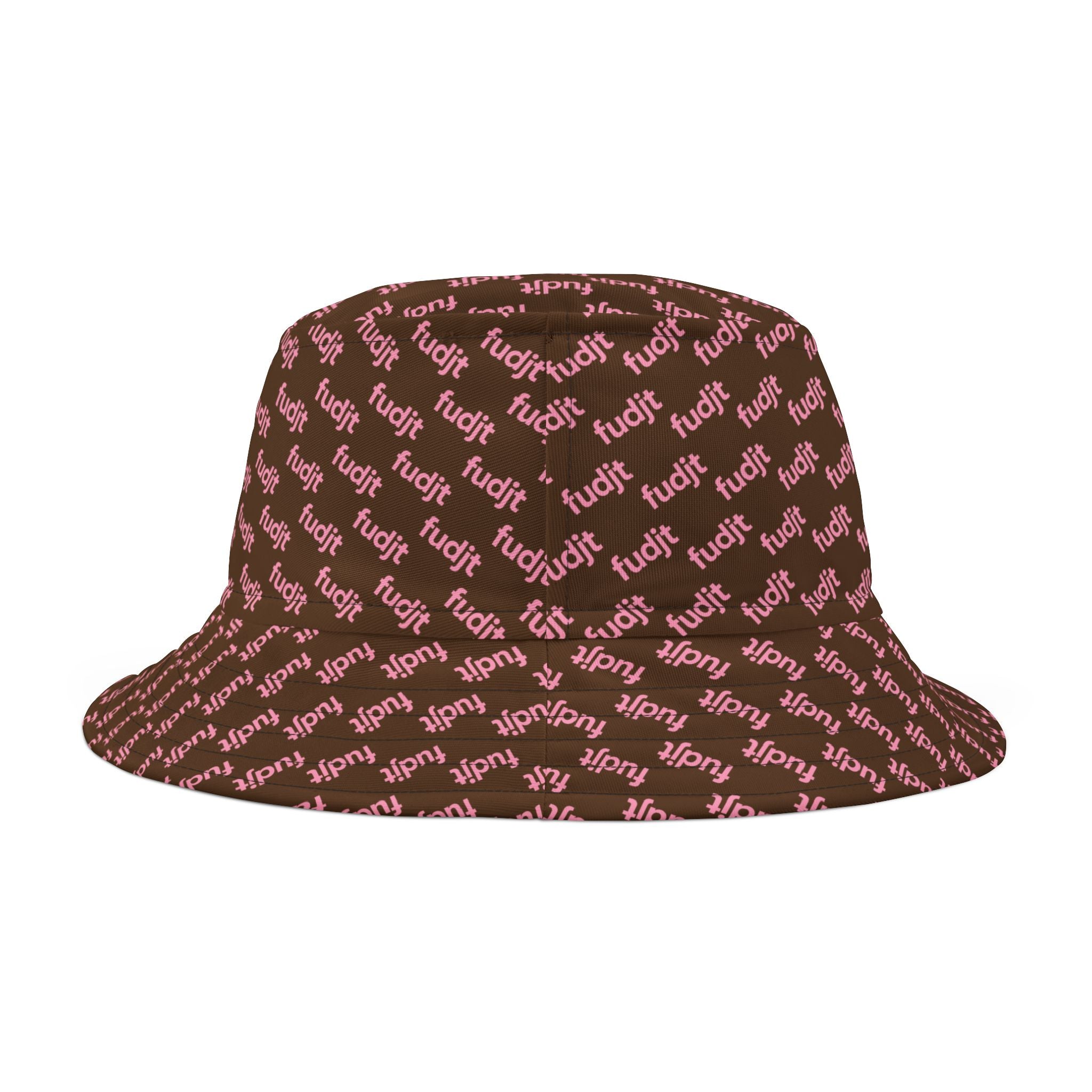 Trendy Pink fudjt All Over on Dark Brown Bucket Hat