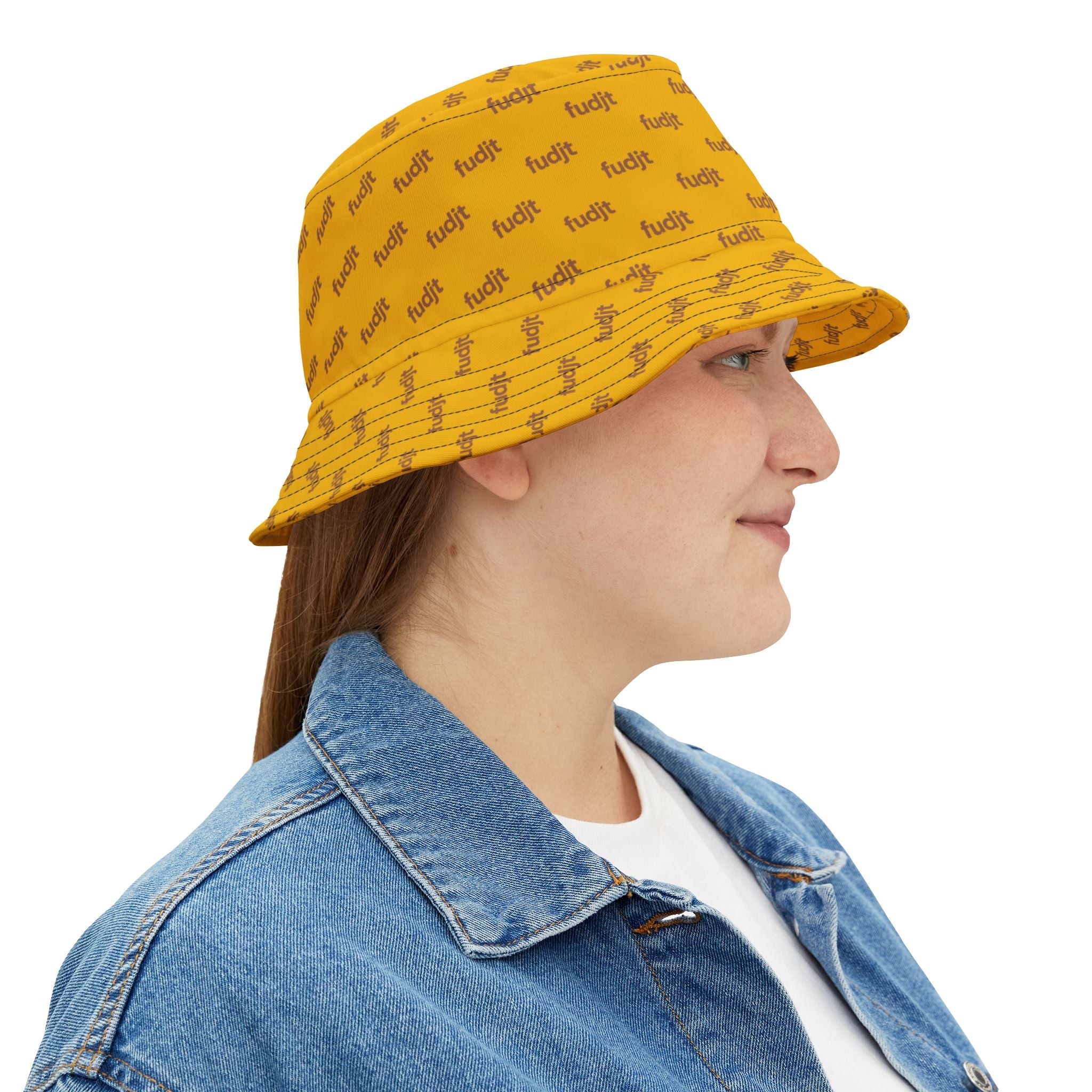 Trendy Brown fudjt All Over on Yellow Bucket Hat