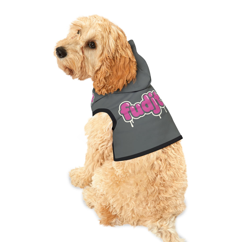 Dark Gray fudjt Pet Hoodie with Pink Drip Design