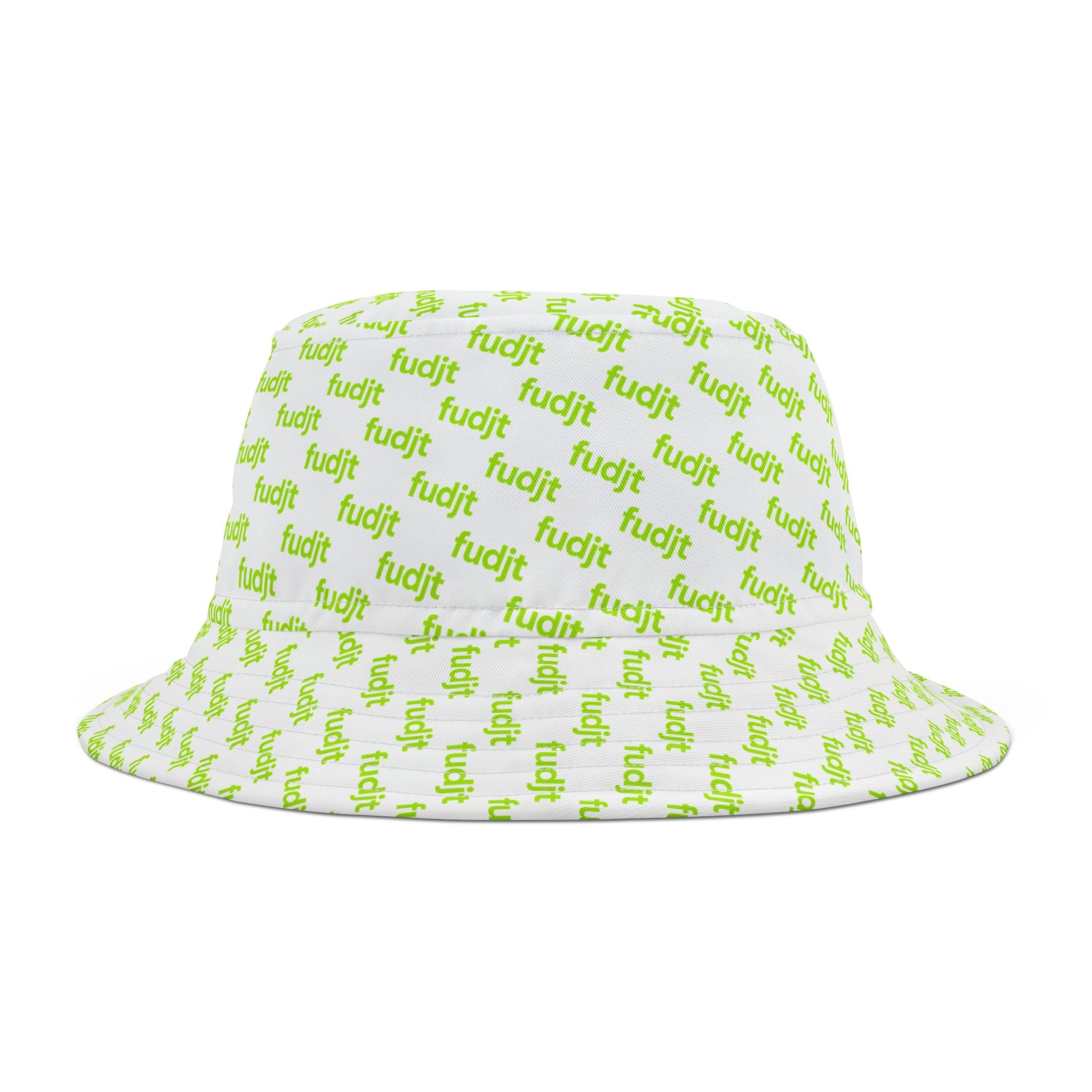 Trendy Lime Green fudjt All Over on White Bucket Hat