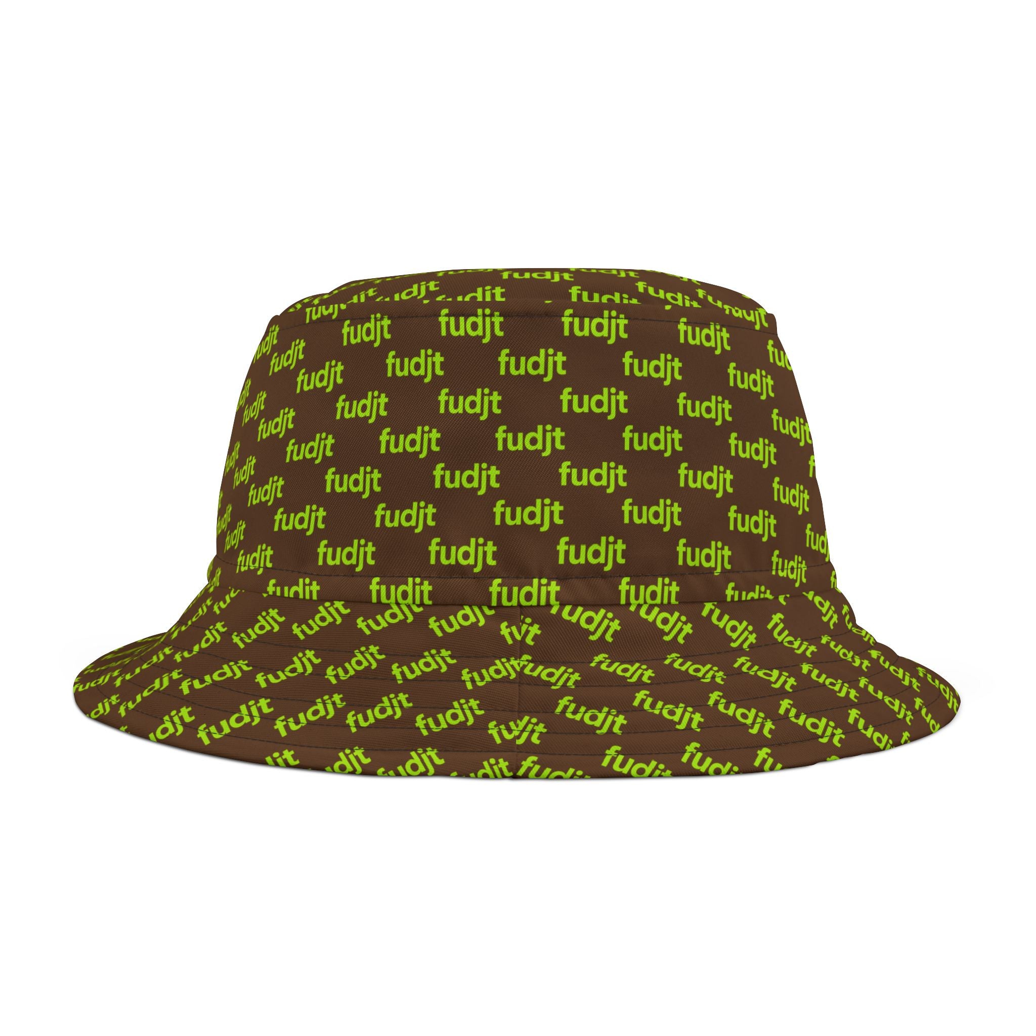 Trendy Lime Green fudjt All Over on Dark Brown Bucket Hat